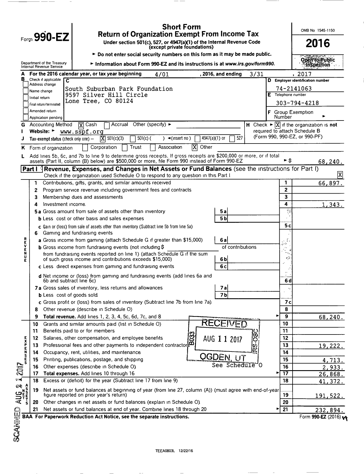 Image of first page of 2016 Form 990EZ for South Suburban Park Foundation