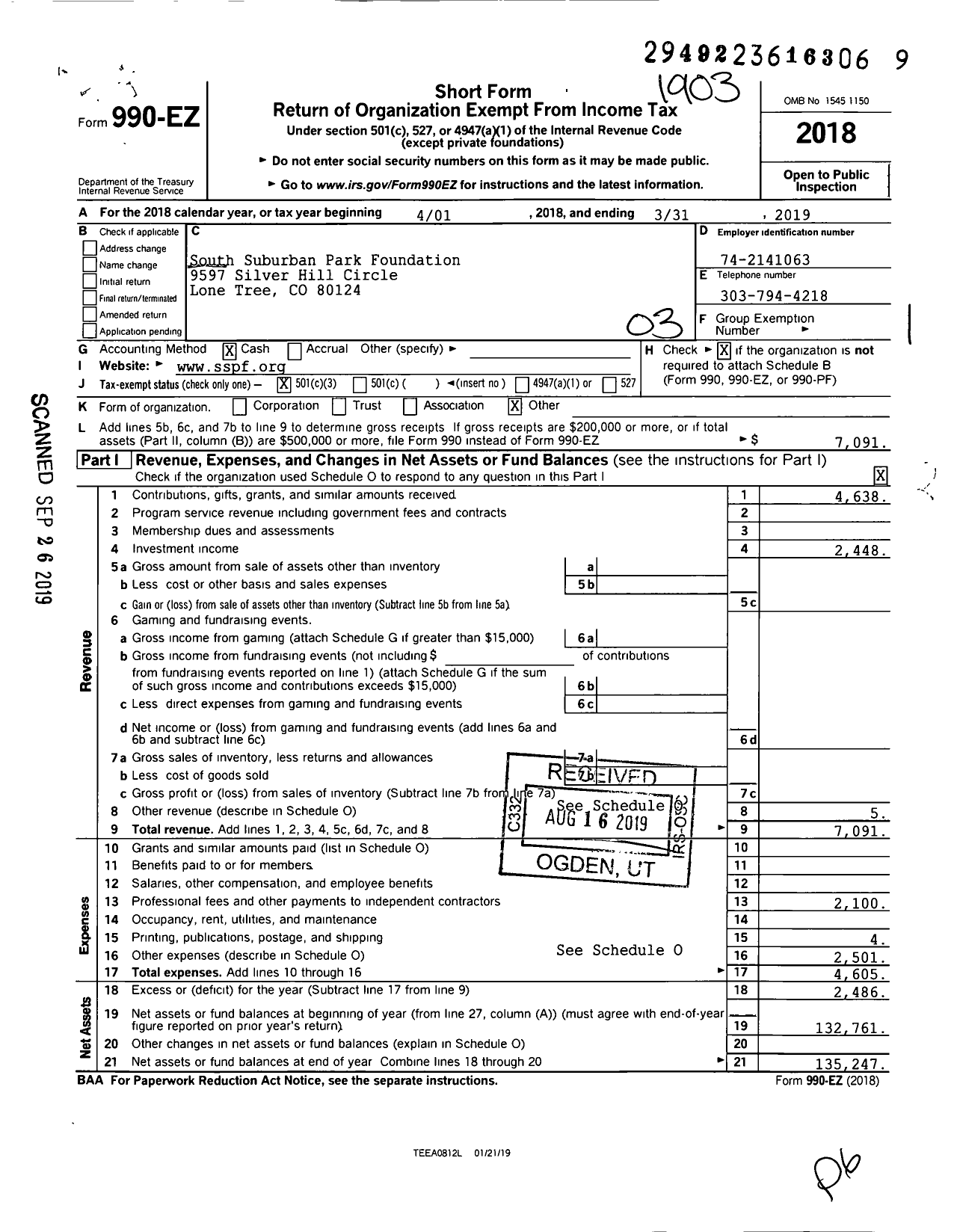 Image of first page of 2018 Form 990EZ for South Suburban Park Foundation