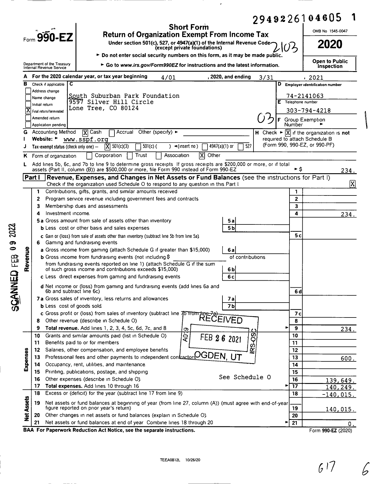 Image of first page of 2020 Form 990EZ for South Suburban Park Foundation