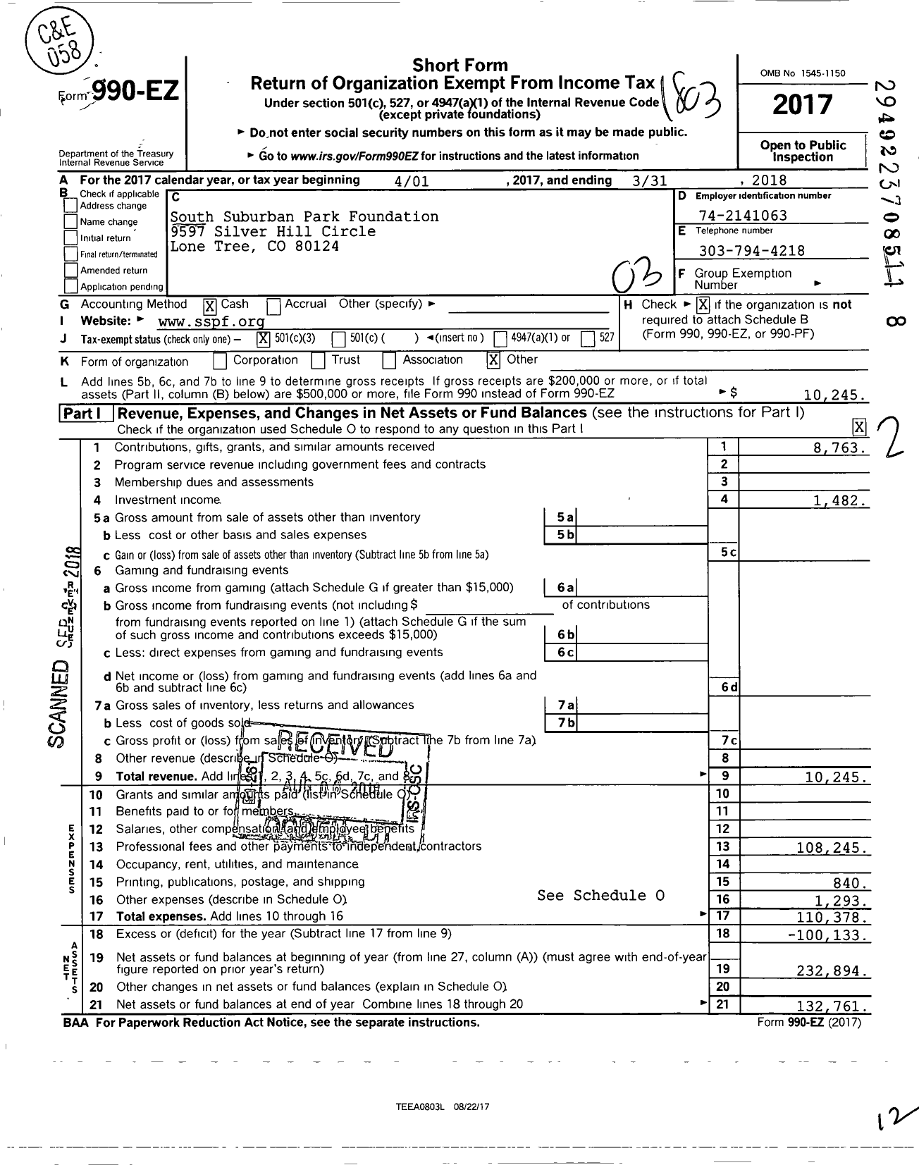 Image of first page of 2017 Form 990EZ for South Suburban Park Foundation