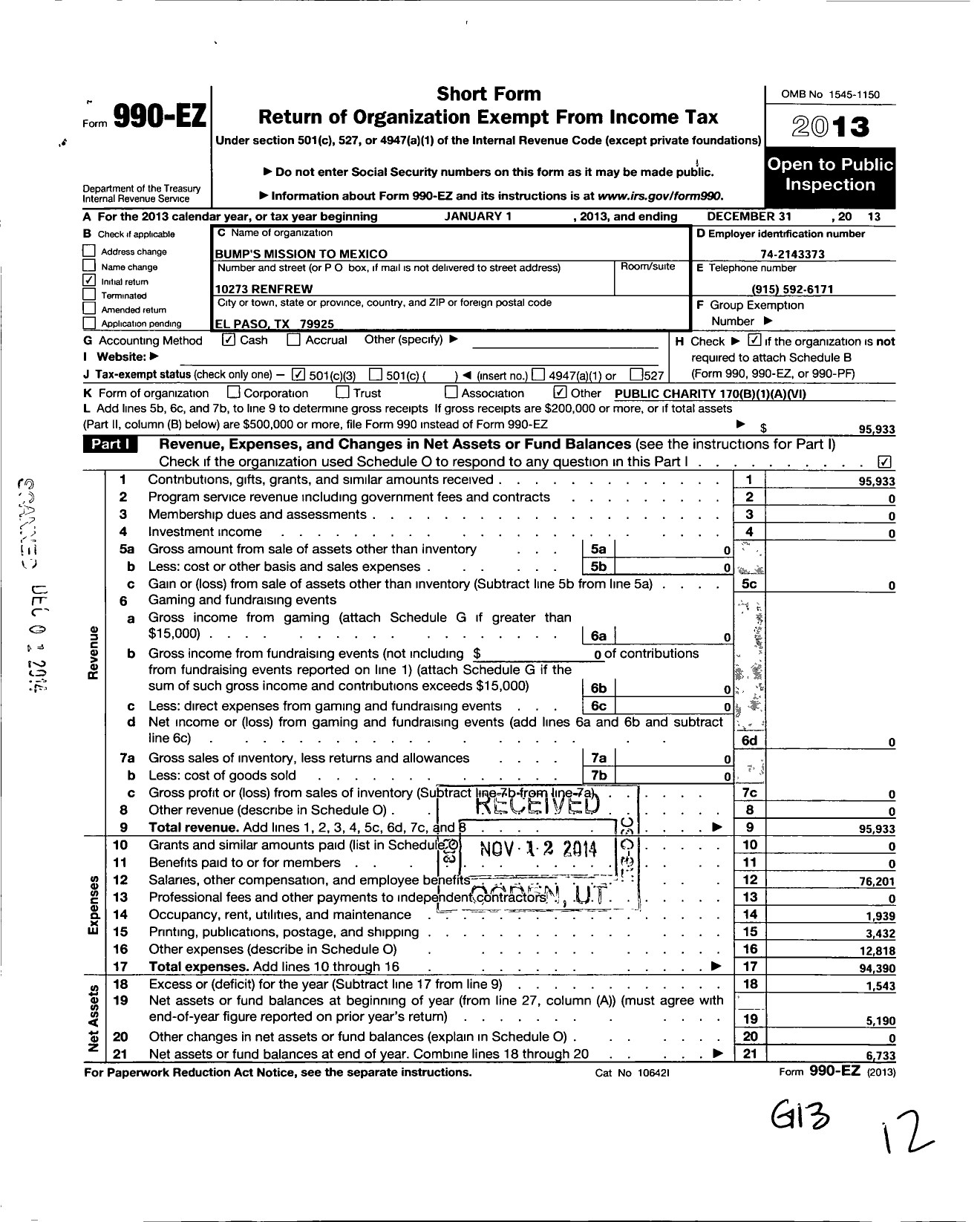 Image of first page of 2013 Form 990EZ for Bumps Mission To Mexico