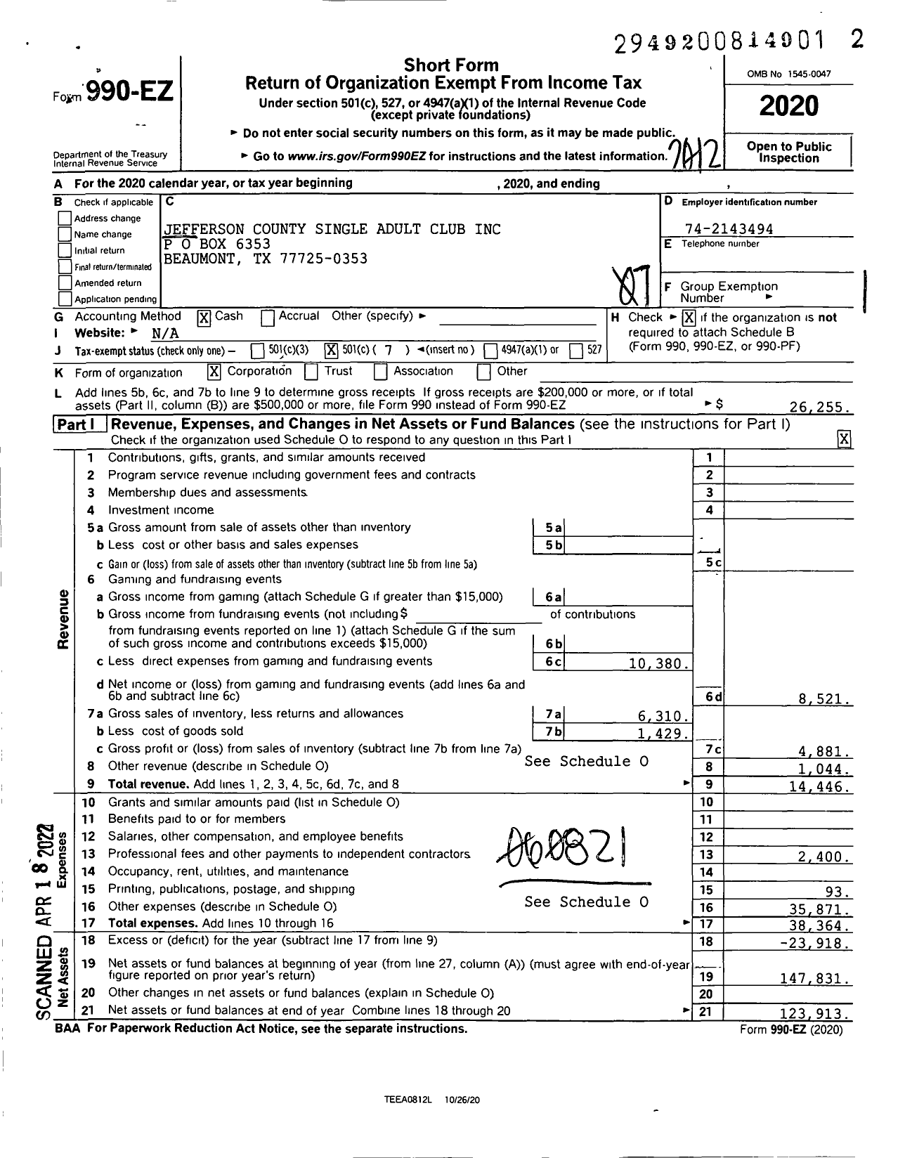 Image of first page of 2020 Form 990EO for Jefferson County Single Adult Club