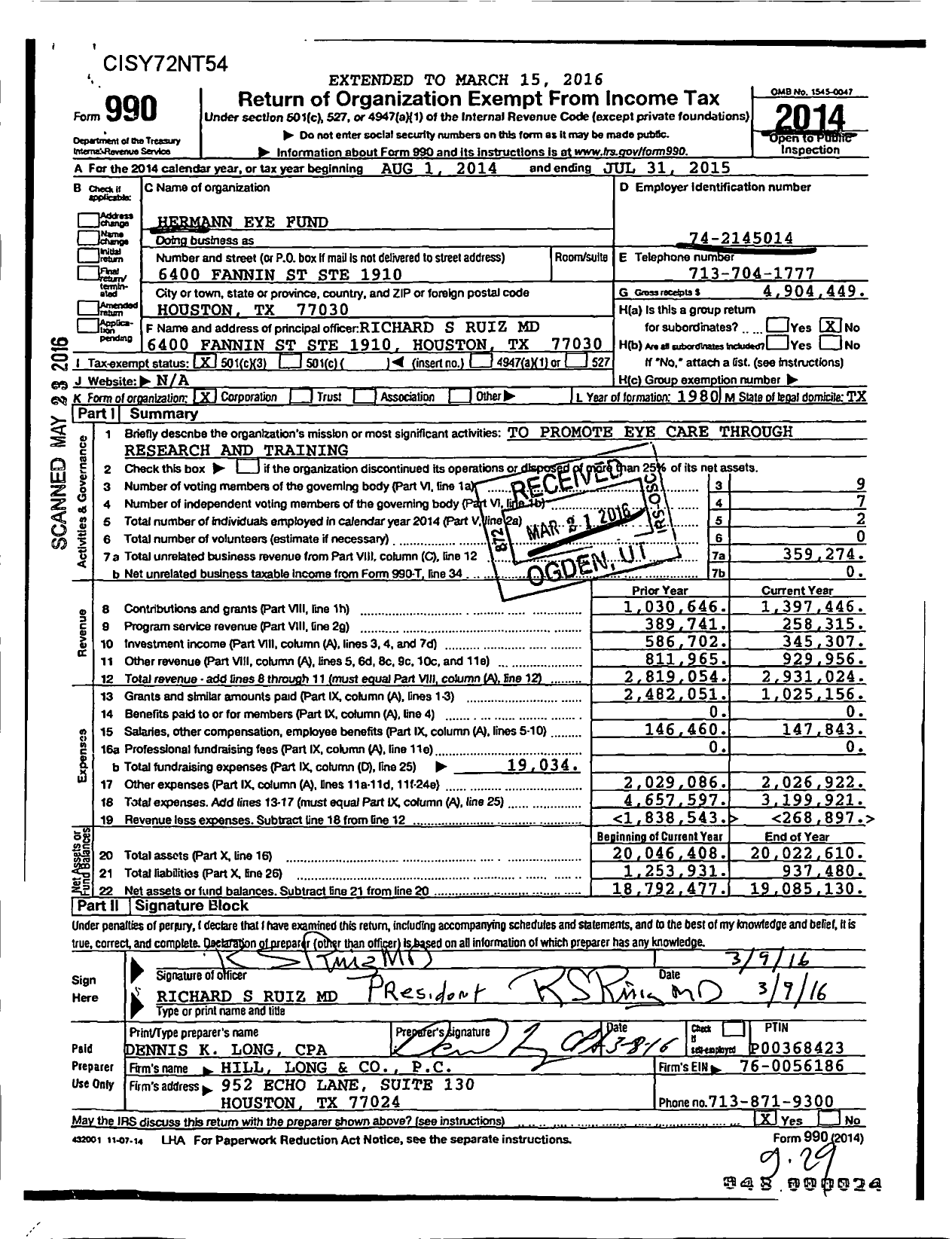 Image of first page of 2014 Form 990 for Hermann Eye Fund