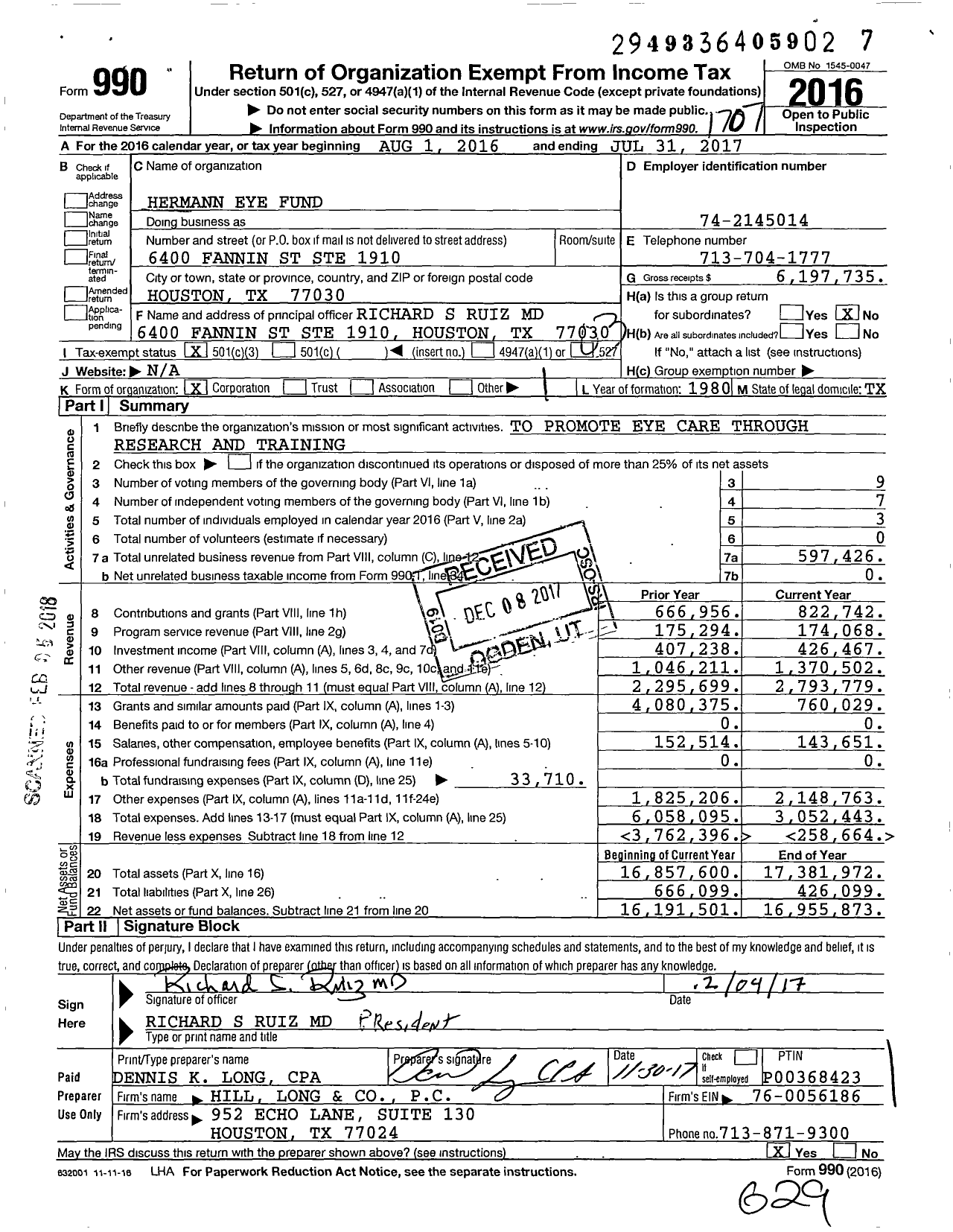Image of first page of 2016 Form 990 for Hermann Eye Fund