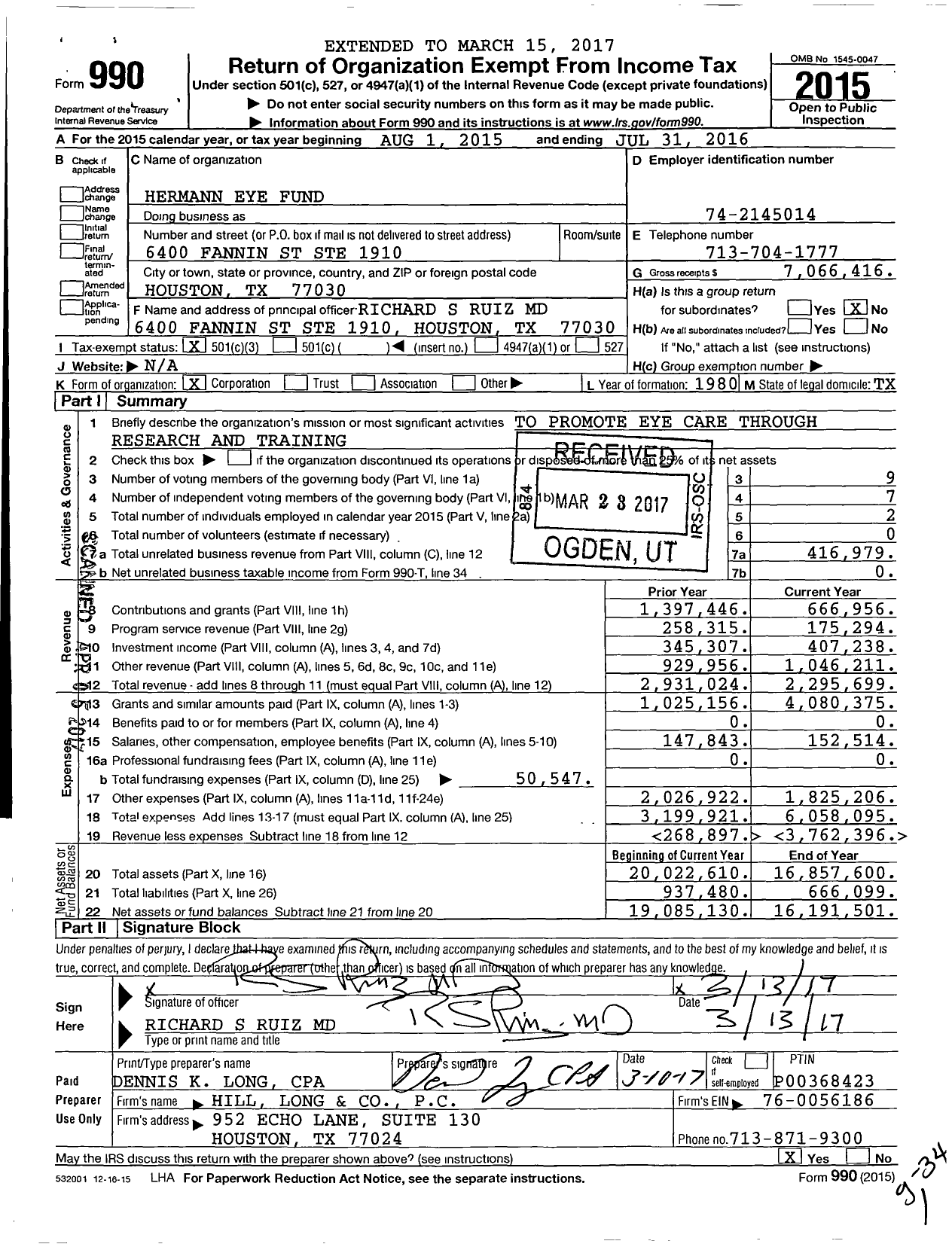 Image of first page of 2015 Form 990 for Hermann Eye Fund