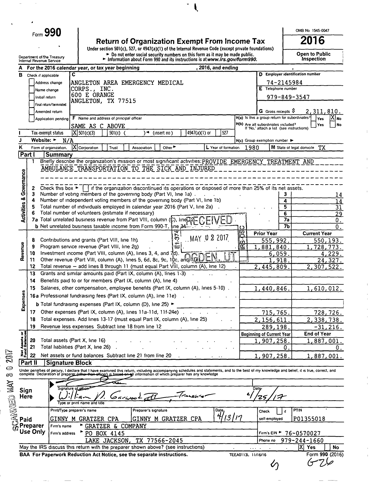 Image of first page of 2016 Form 990 for Angleton Area Emergency Medical Corps