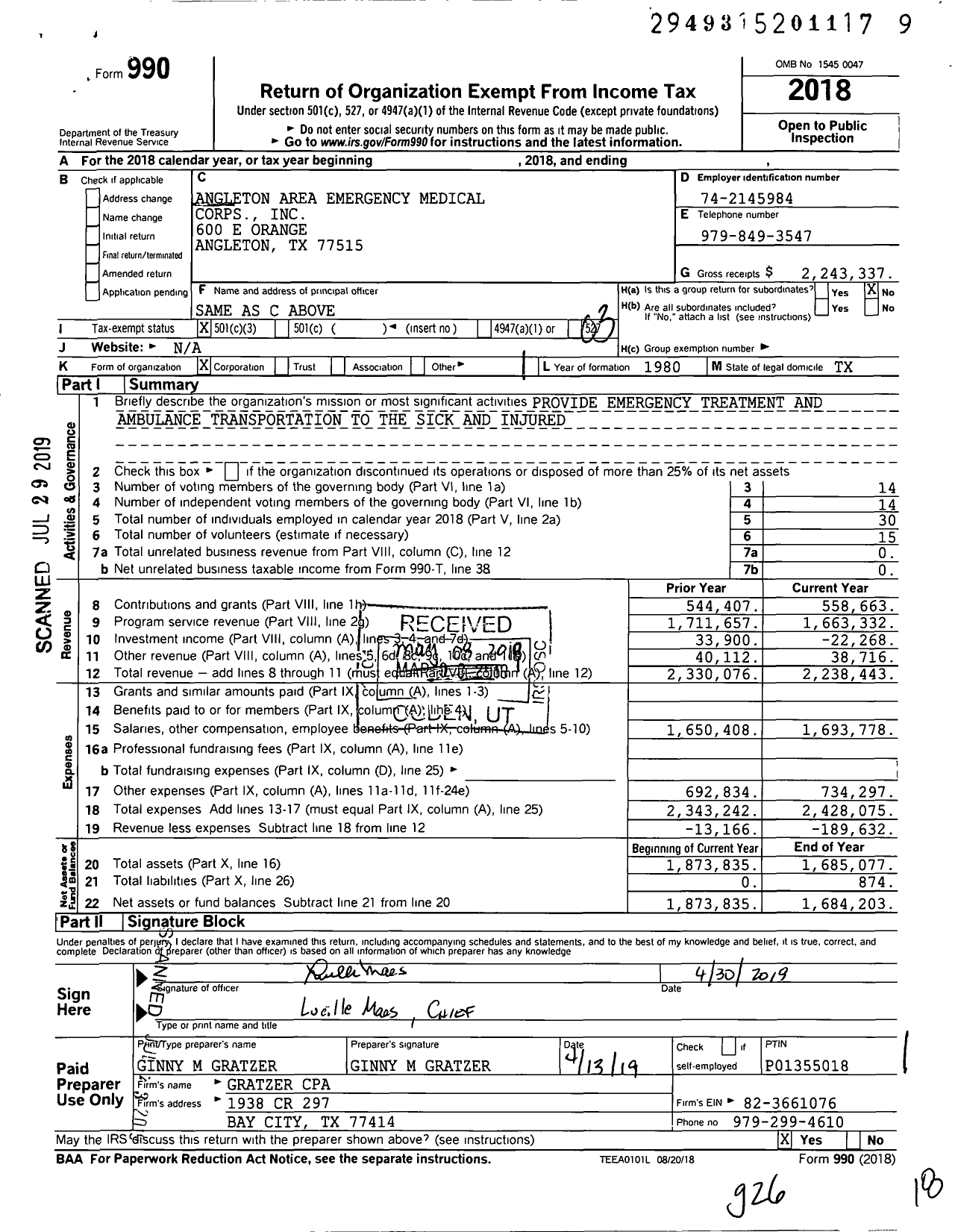 Image of first page of 2018 Form 990 for Angleton Area Emergency Medical Corps