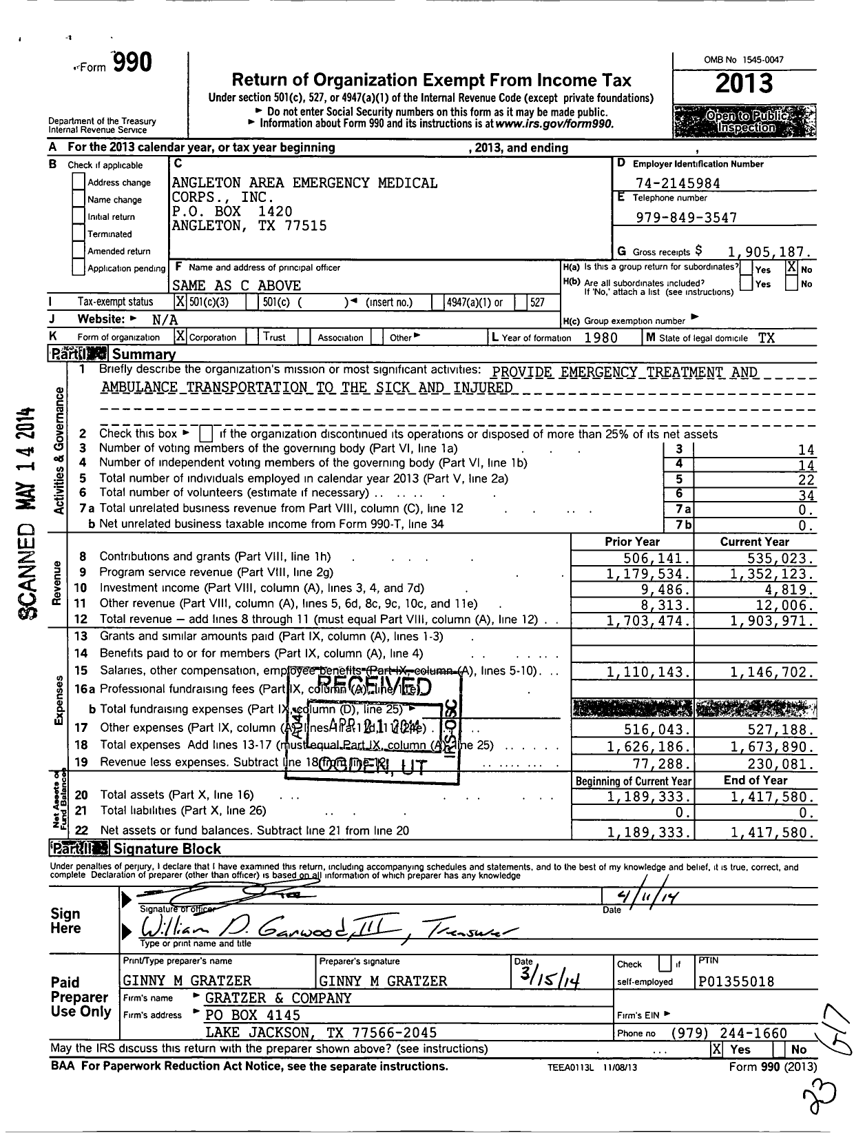 Image of first page of 2013 Form 990 for Angleton Area Emergency Medical Corps