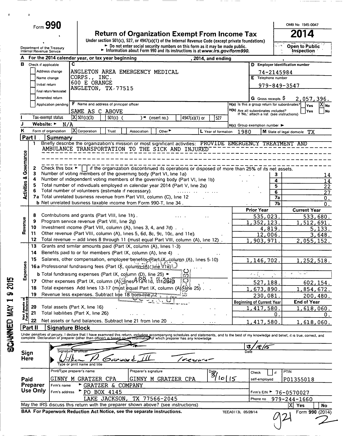 Image of first page of 2014 Form 990 for Angleton Area Emergency Medical Corps