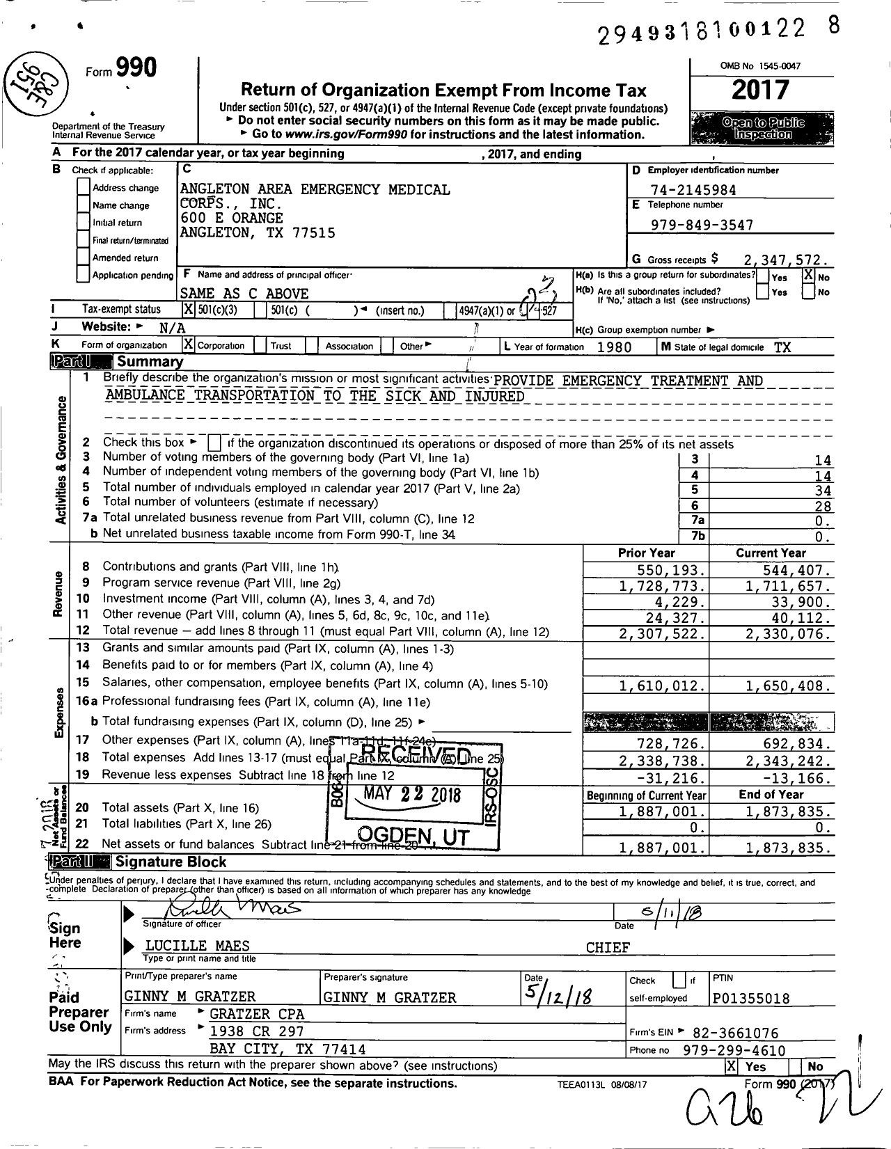 Image of first page of 2017 Form 990 for Angleton Area Emergency Medical Corps