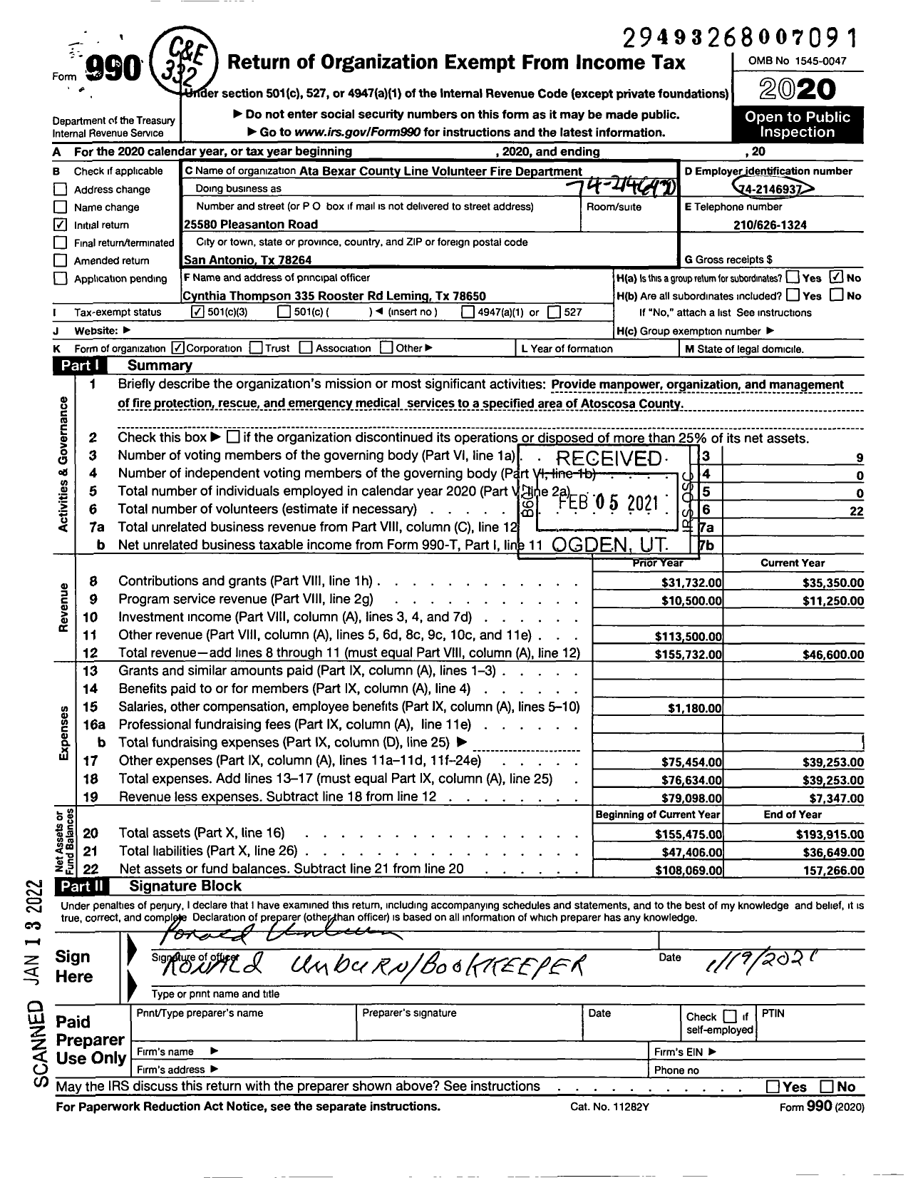 Image of first page of 2020 Form 990 for Ata-Bexar County Line Volunteer Fire Department