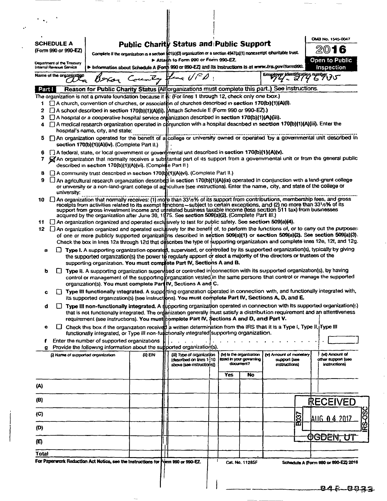 Image of first page of 2016 Form 990R for Ata-Bexar County Line Volunteer Fire Department