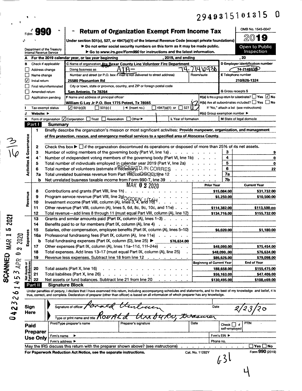 Image of first page of 2019 Form 990 for Ata-Bexar County Line Volunteer Fire Department