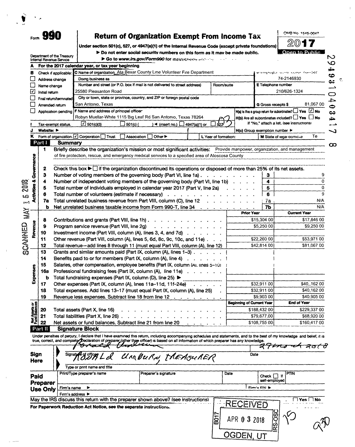 Image of first page of 2017 Form 990 for Ata-Bexar County Line Volunteer Fire Department