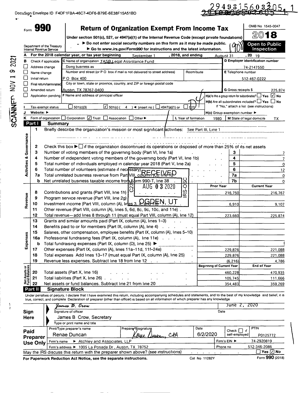 Image of first page of 2018 Form 990O for Texas Association of School Boards Legal Assistance Fund