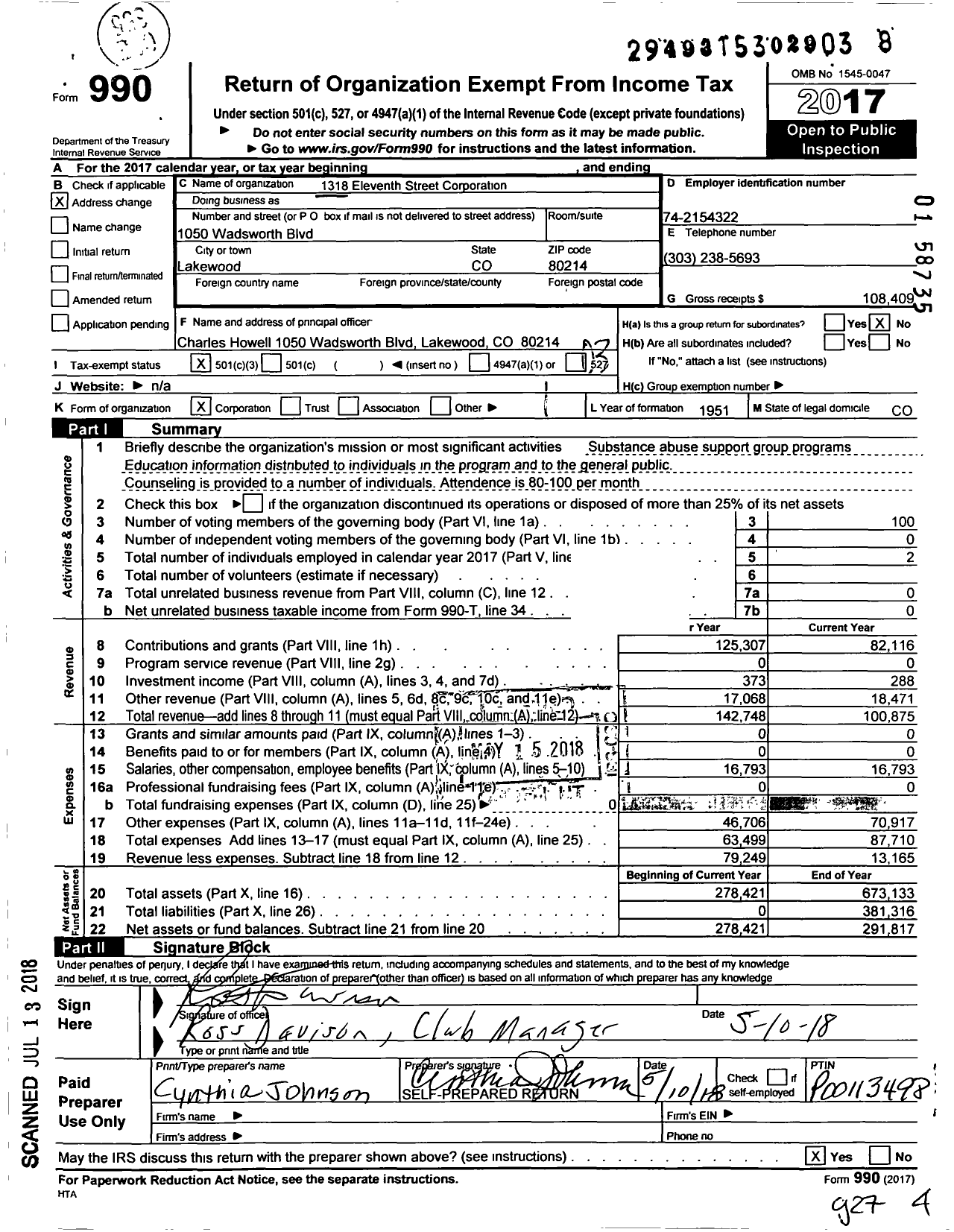 Image of first page of 2017 Form 990 for 1318 Eleventh Street Corporation