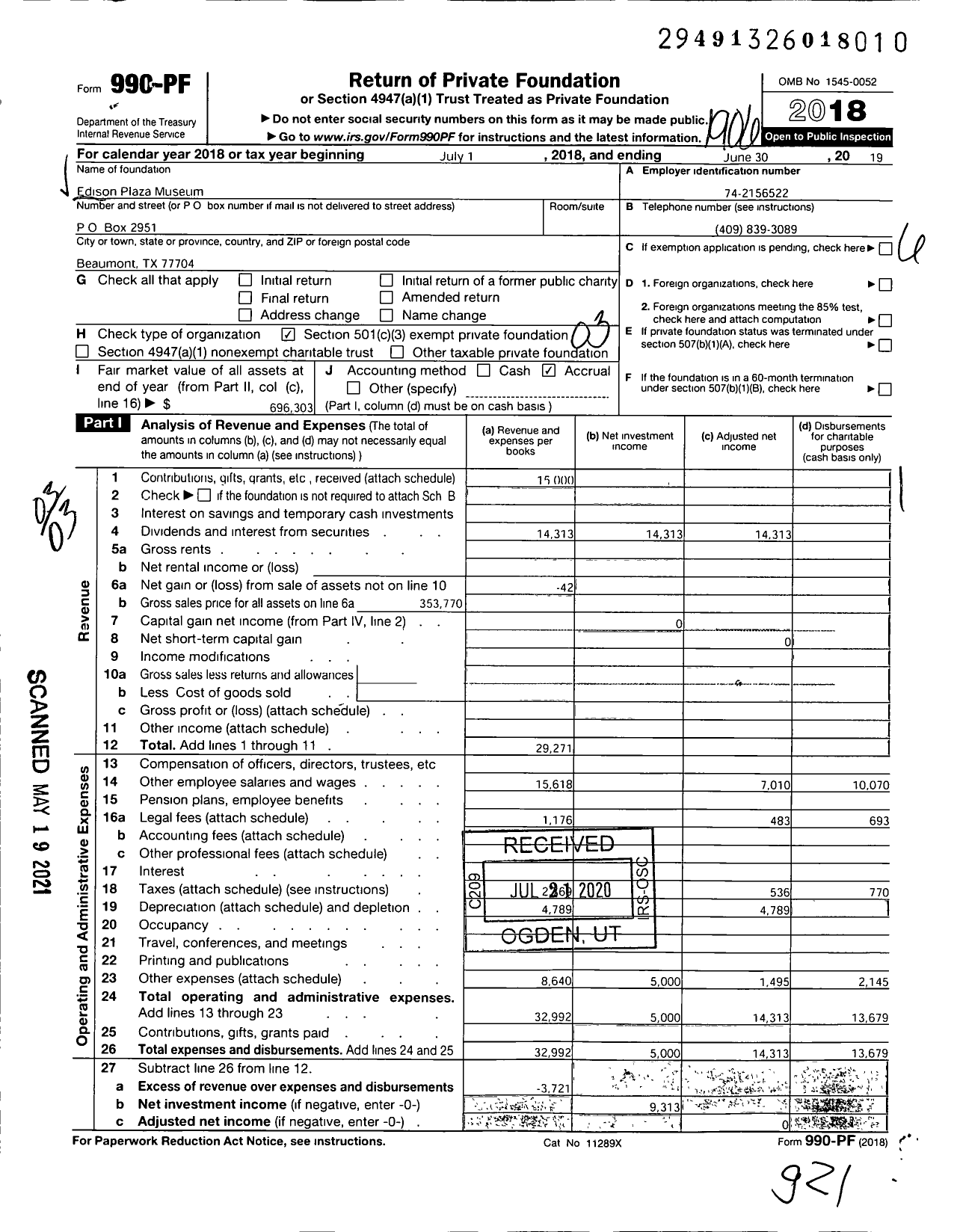 Image of first page of 2018 Form 990PF for Edison Plaza Museum