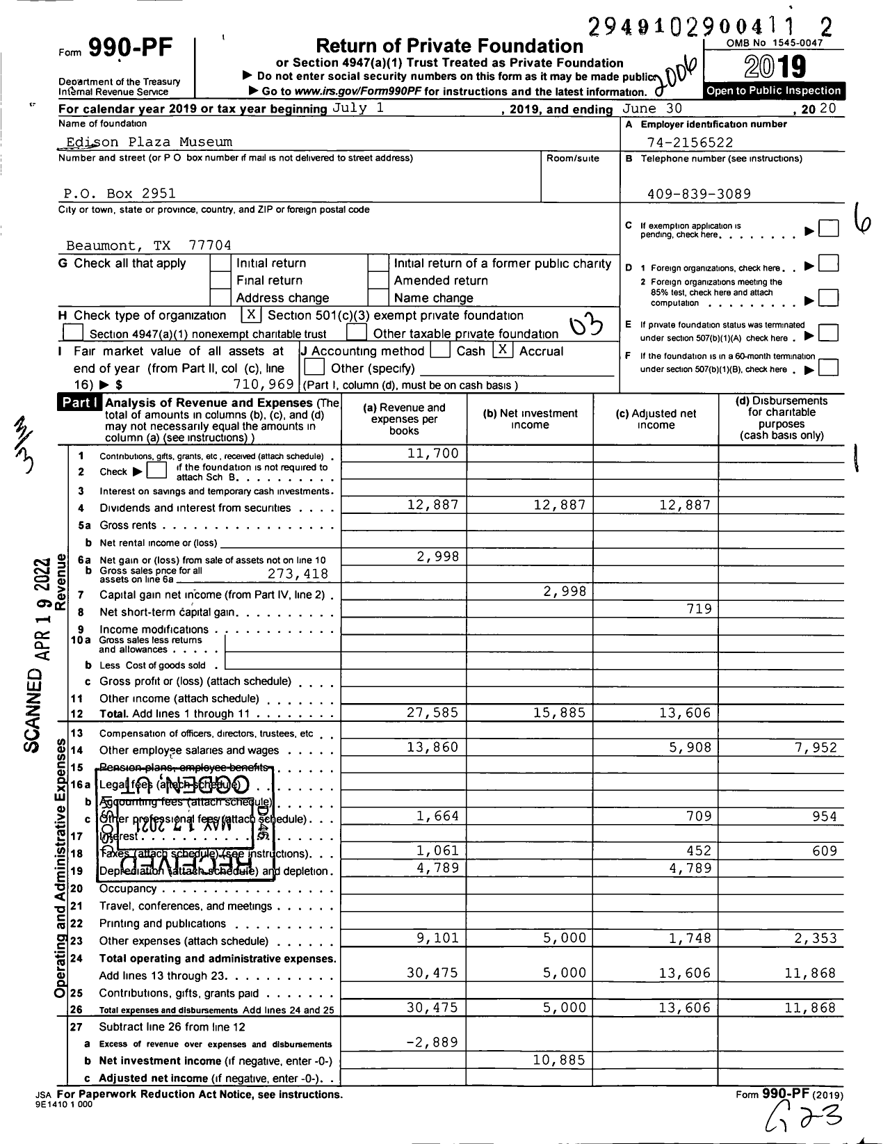 Image of first page of 2019 Form 990PF for Edison Plaza Museum