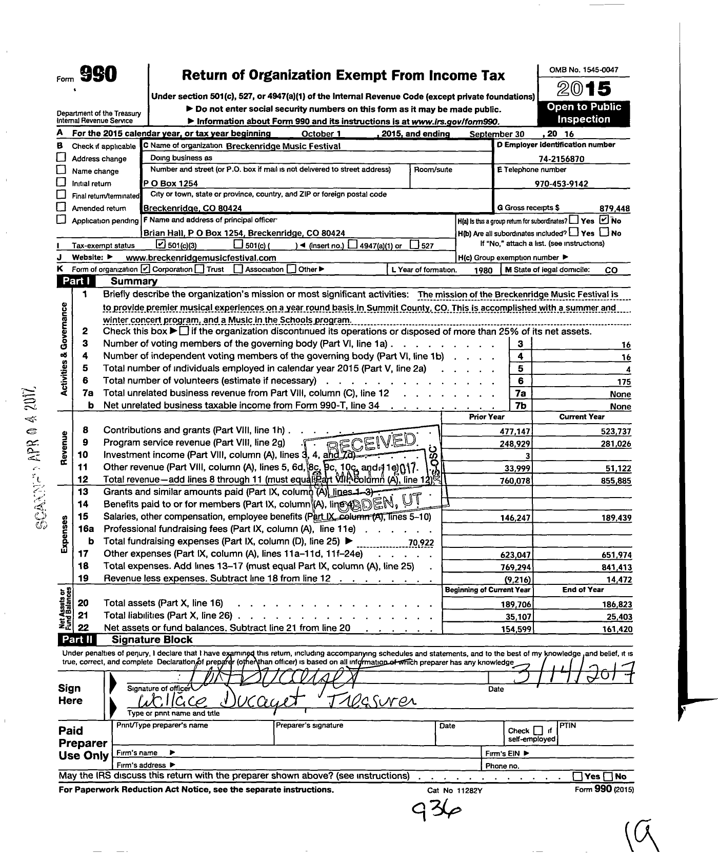 Image of first page of 2015 Form 990 for Breckenridge Music