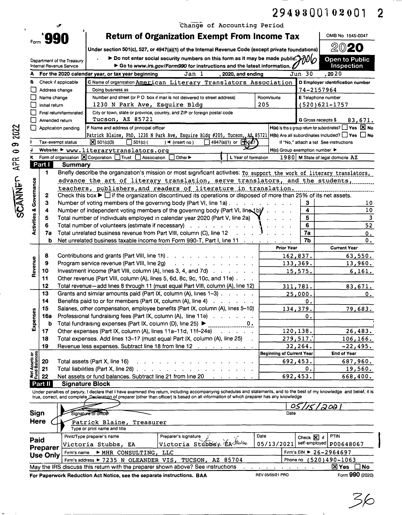 Image of first page of 2019 Form 990 for American Literary Translators Association