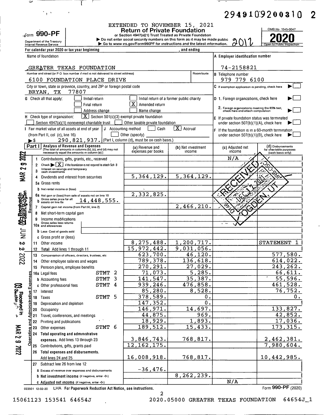 Image of first page of 2020 Form 990PF for Greater Texas Foundation