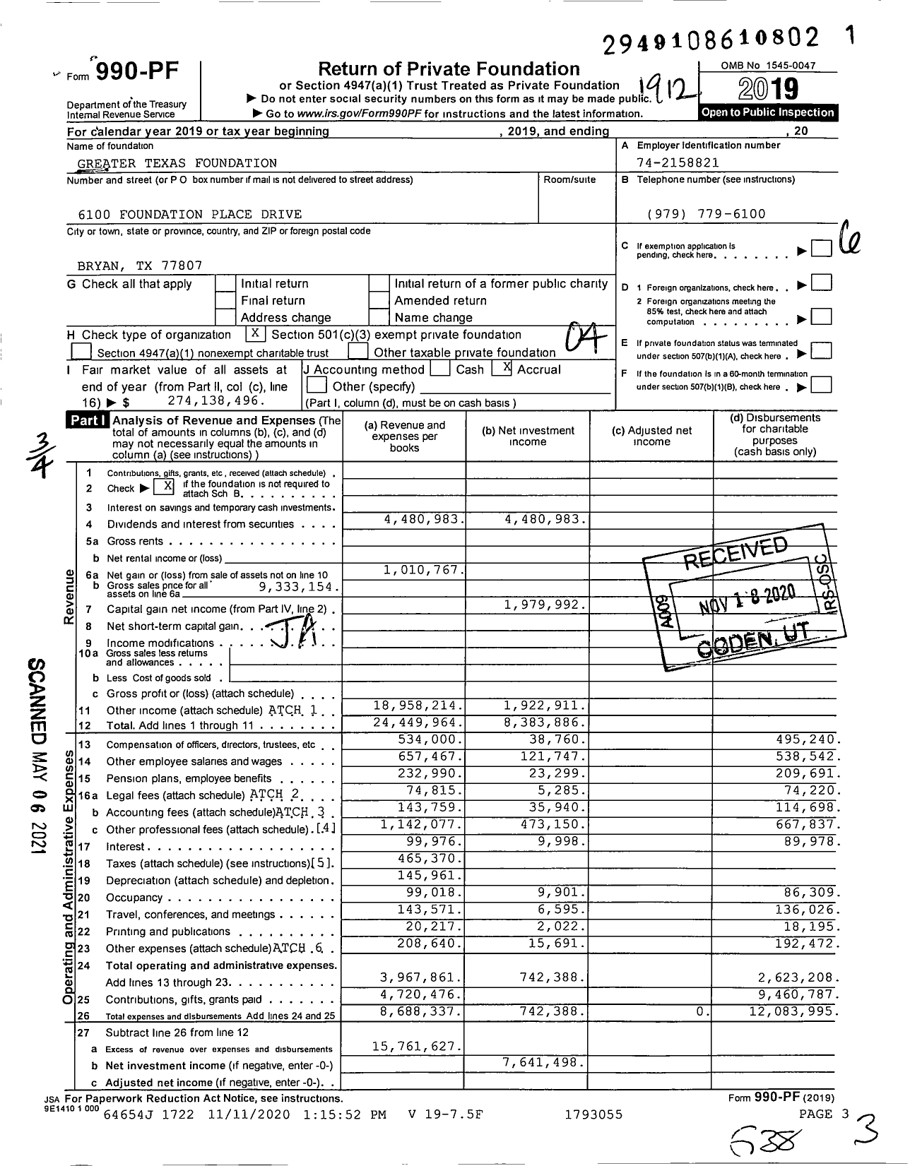 Image of first page of 2019 Form 990PF for Greater Texas Foundation