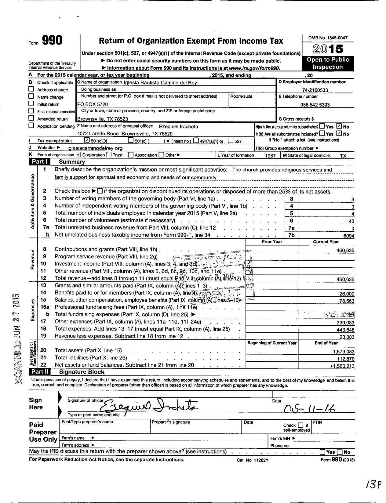 Image of first page of 2015 Form 990 for Iglesia Bautista Camino Del Rey