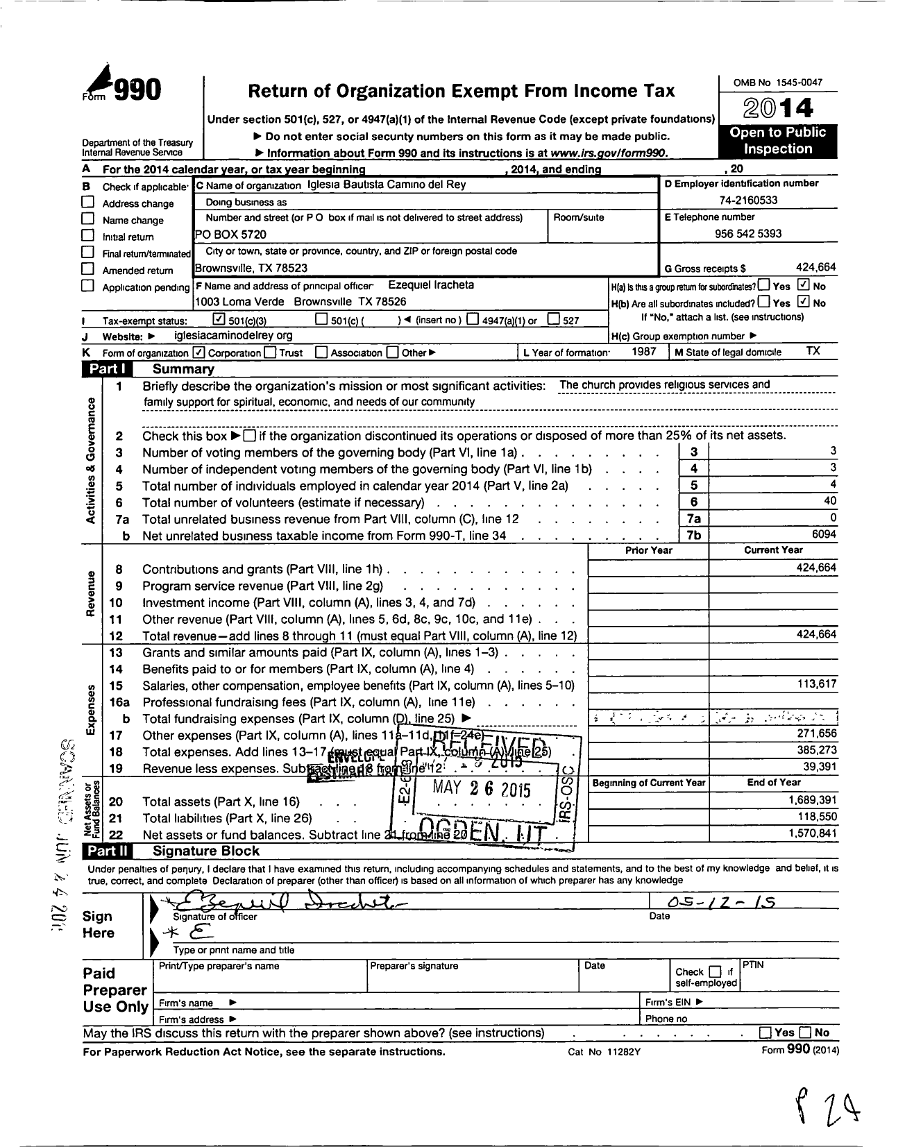 Image of first page of 2014 Form 990 for Iglesia Bautista Camino Del Rey