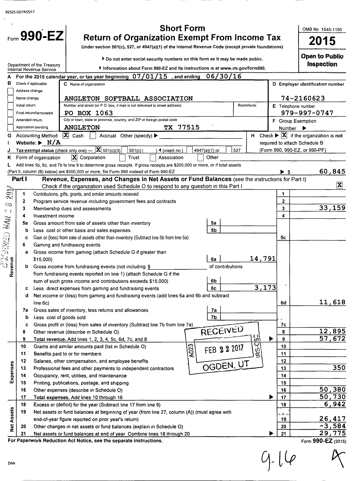 Image of first page of 2015 Form 990EZ for Angleton Softball Association