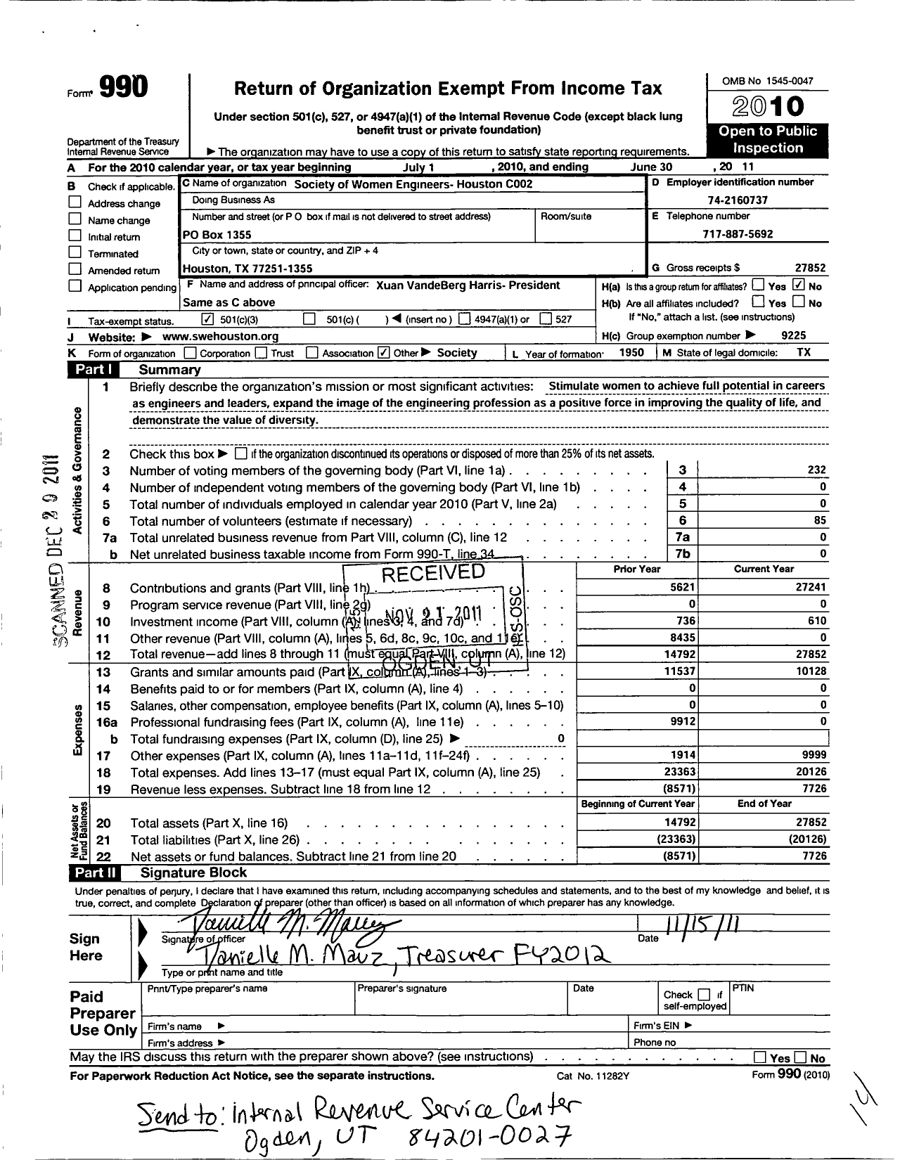 Image of first page of 2010 Form 990 for SOCIETY of Women ENGINEERS SOCIETY of Women ENGINEERS - Houston Area