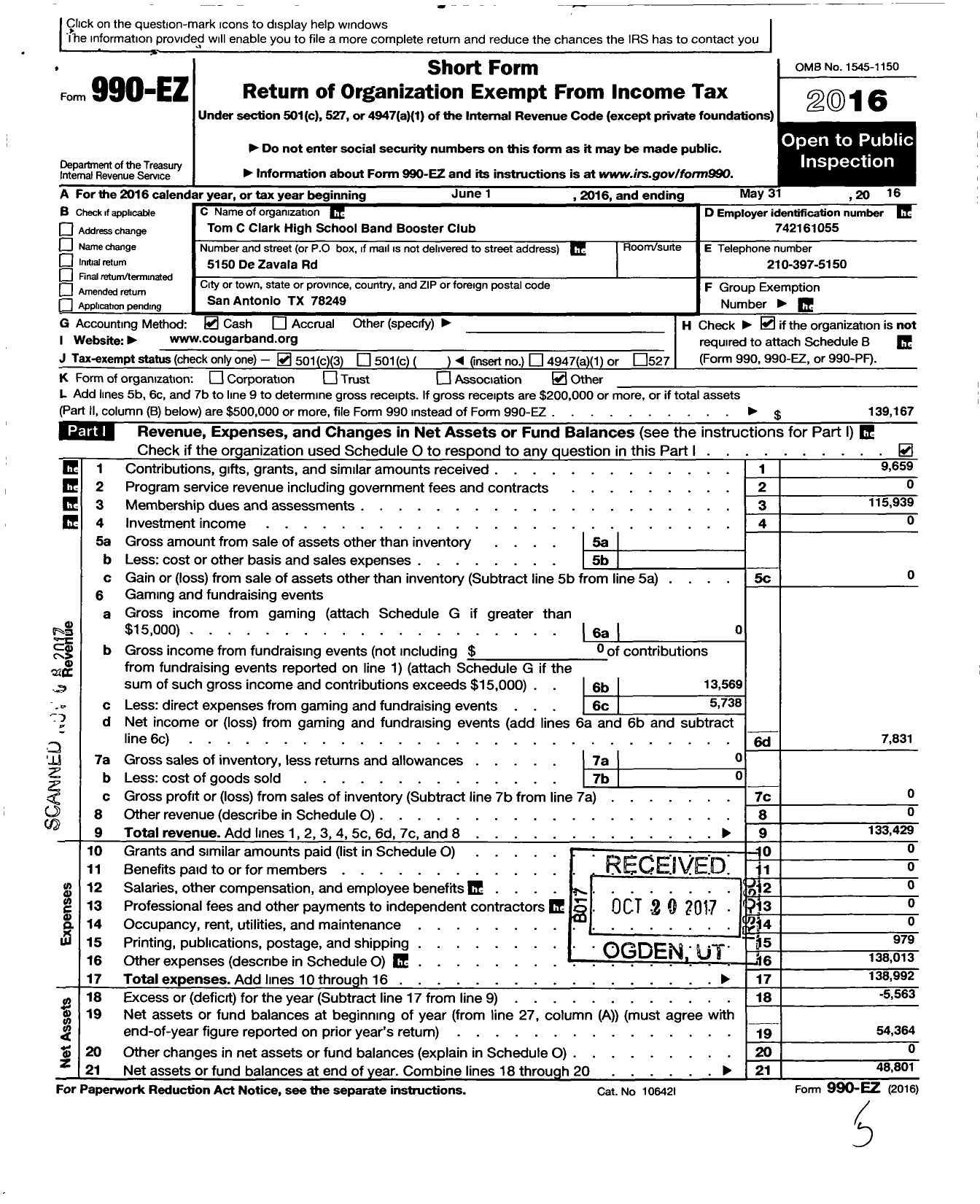 Image of first page of 2015 Form 990EZ for Tom C Clark High School Cougar Band Booster Club