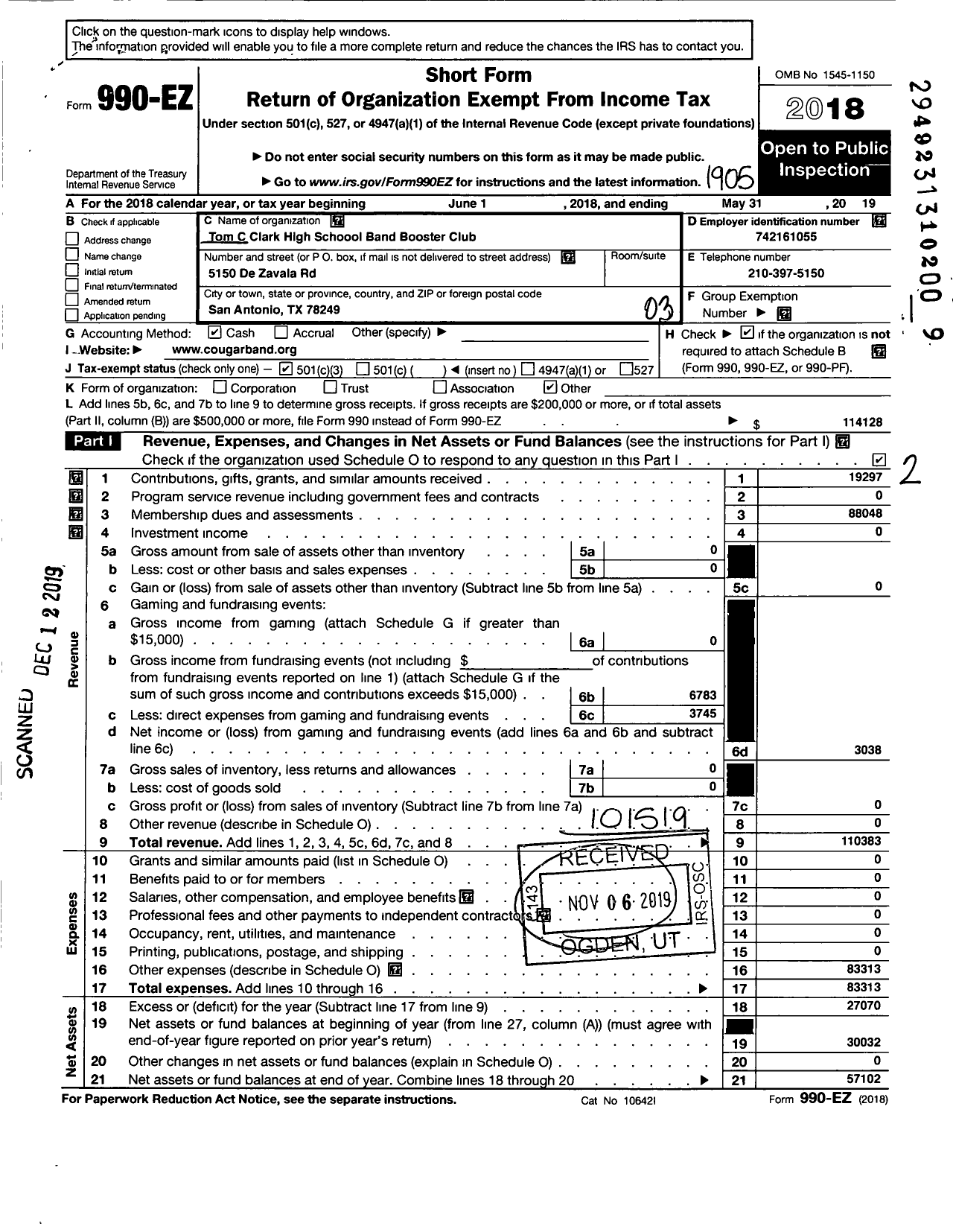 Image of first page of 2018 Form 990EZ for Tom C Clark High School Cougar Band Booster Club