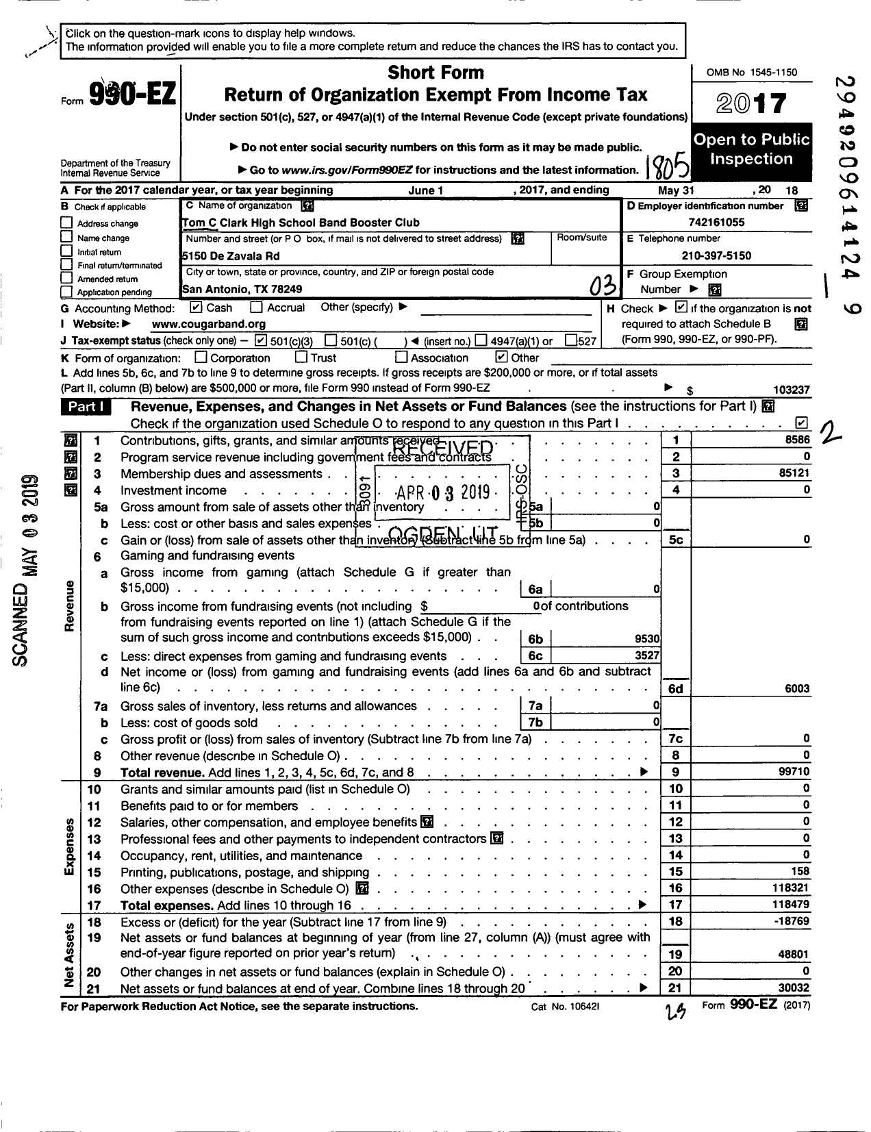 Image of first page of 2017 Form 990EZ for Tom C Clark High School Cougar Band Booster Club