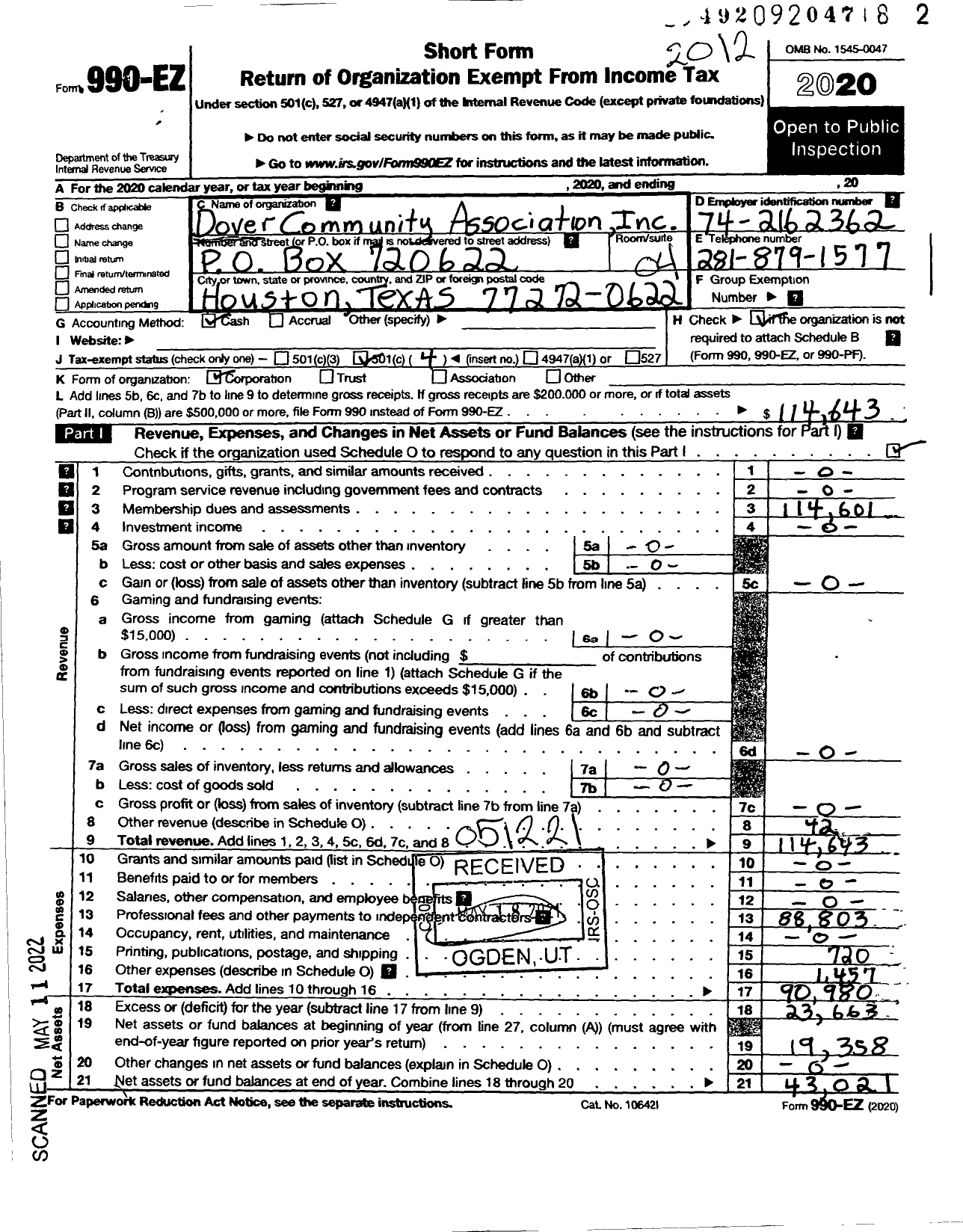 Image of first page of 2020 Form 990EO for Dover Community Association