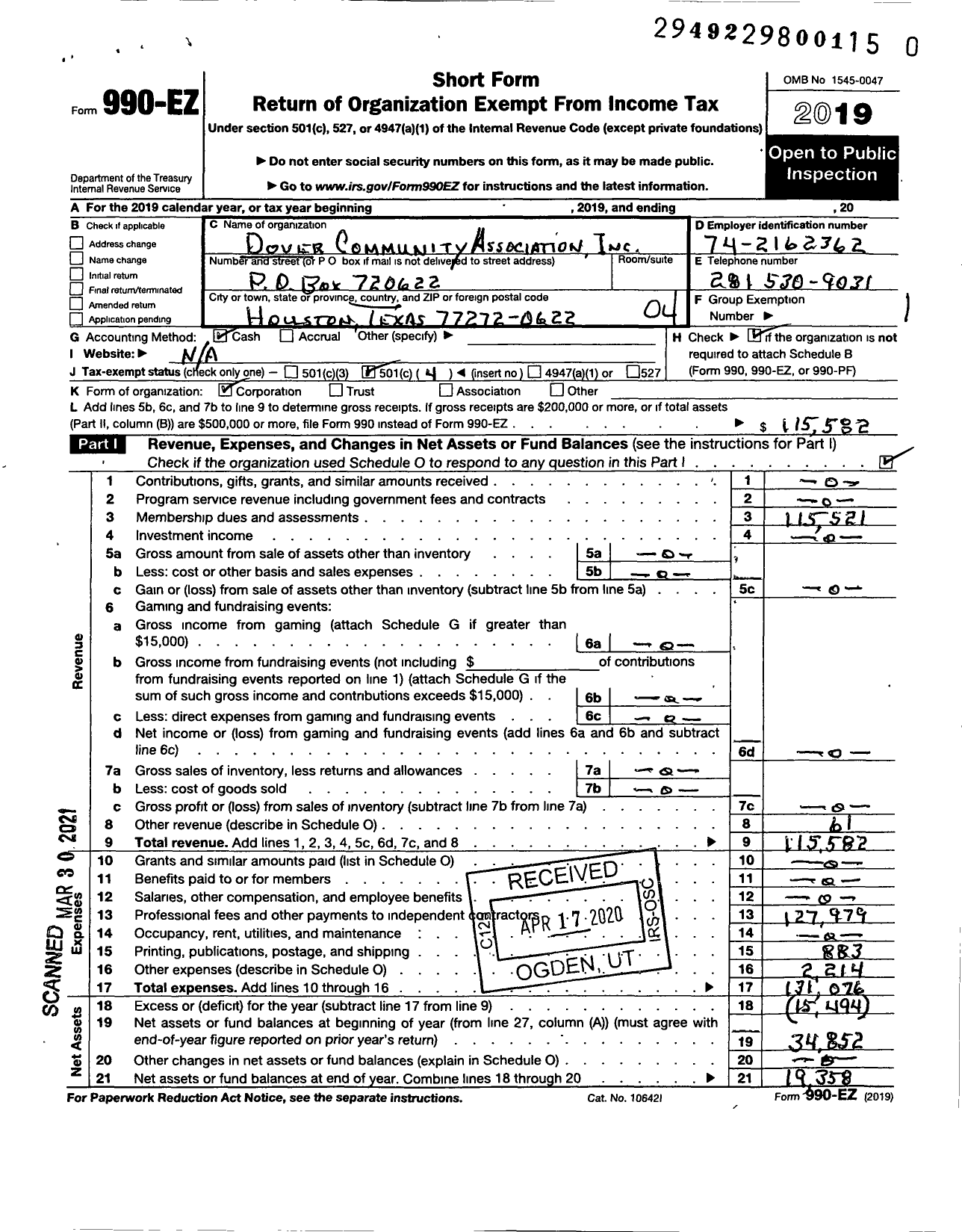 Image of first page of 2019 Form 990EO for Dover Community Association