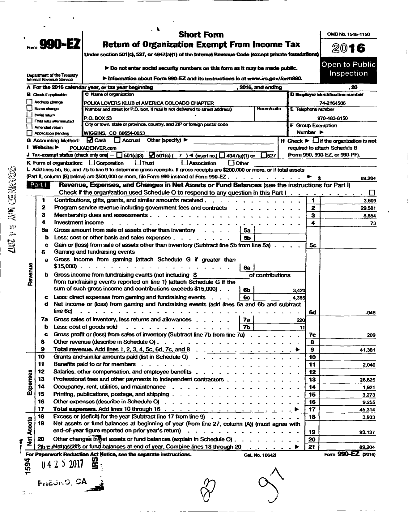 Image of first page of 2016 Form 990EO for Polka Lovers Klub of America / Colorado Chapter