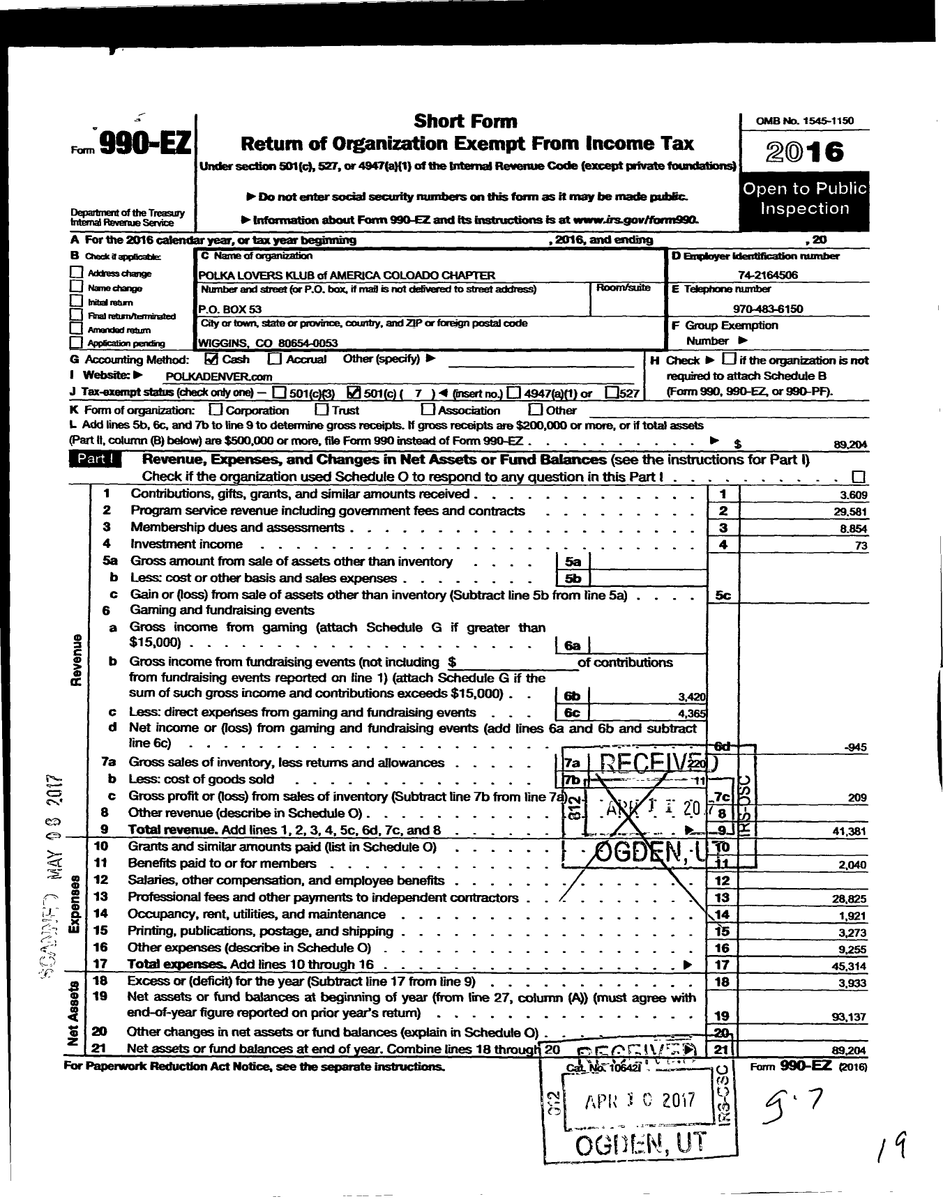 Image of first page of 2016 Form 990EO for Polka Lovers Klub of America / Colorado Chapter