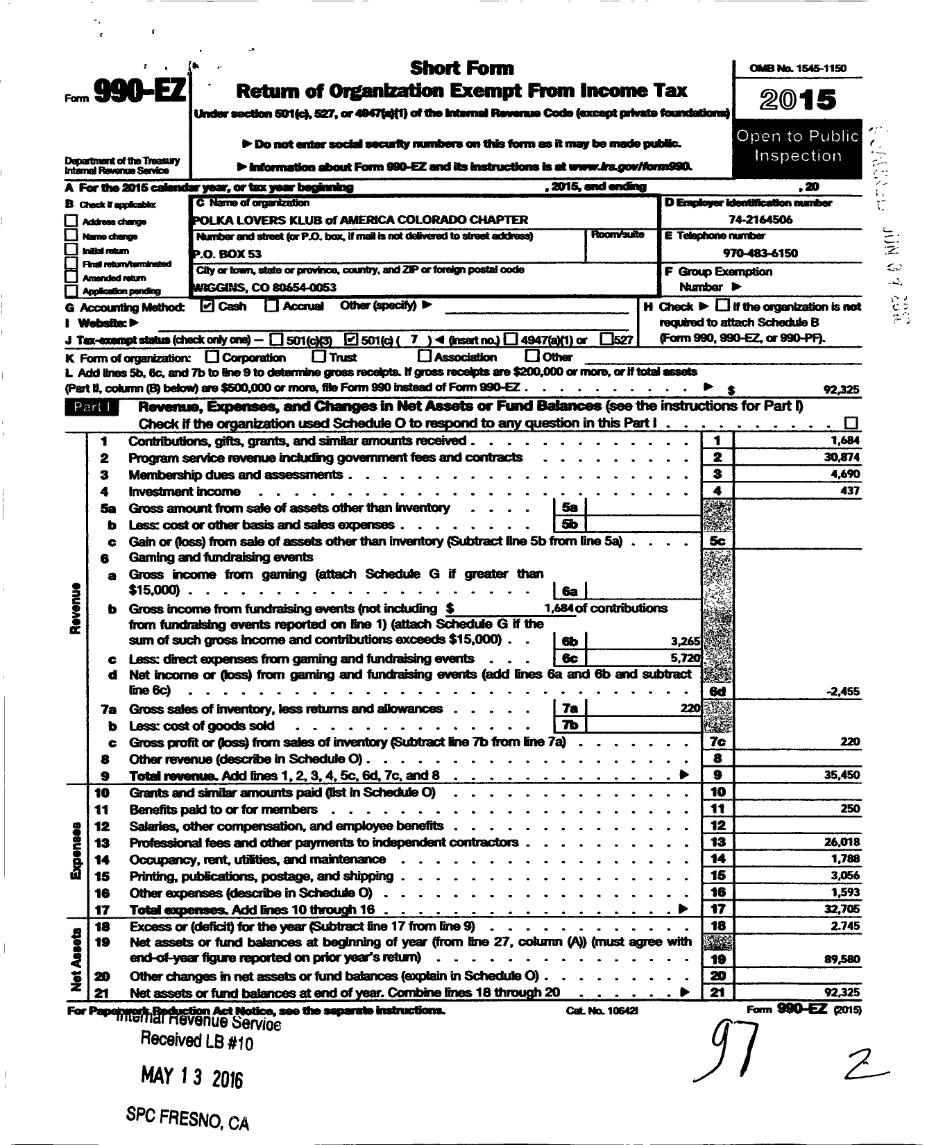 Image of first page of 2015 Form 990EO for Polka Lovers Klub of America / Colorado Chapter