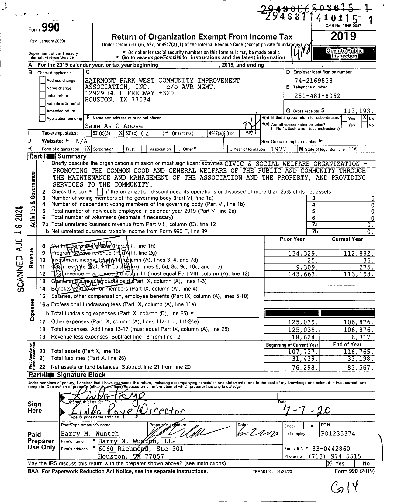 Image of first page of 2019 Form 990O for Fairmont Park West Community Improvement