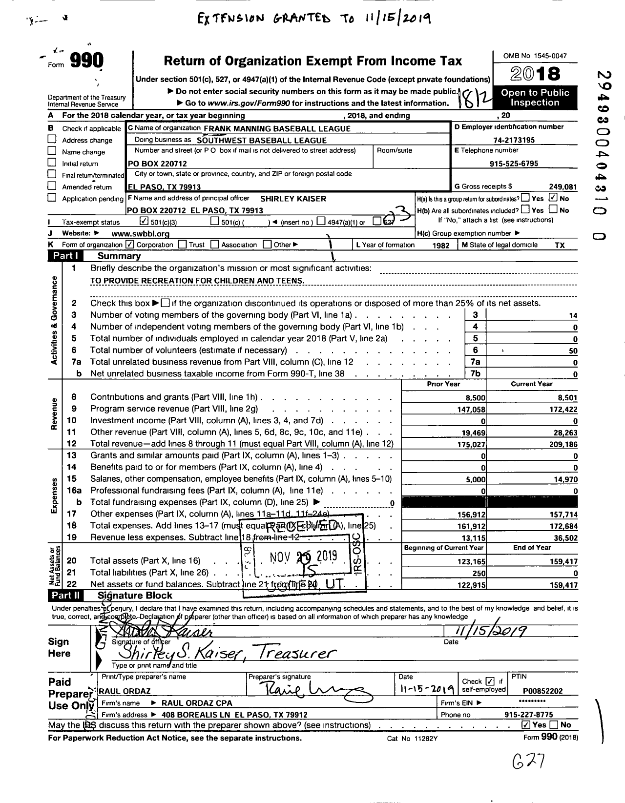 Image of first page of 2018 Form 990 for Southwest Baseball League