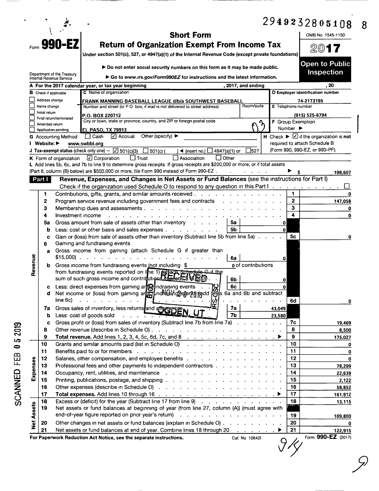 Image of first page of 2017 Form 990EZ for Southwest Baseball League