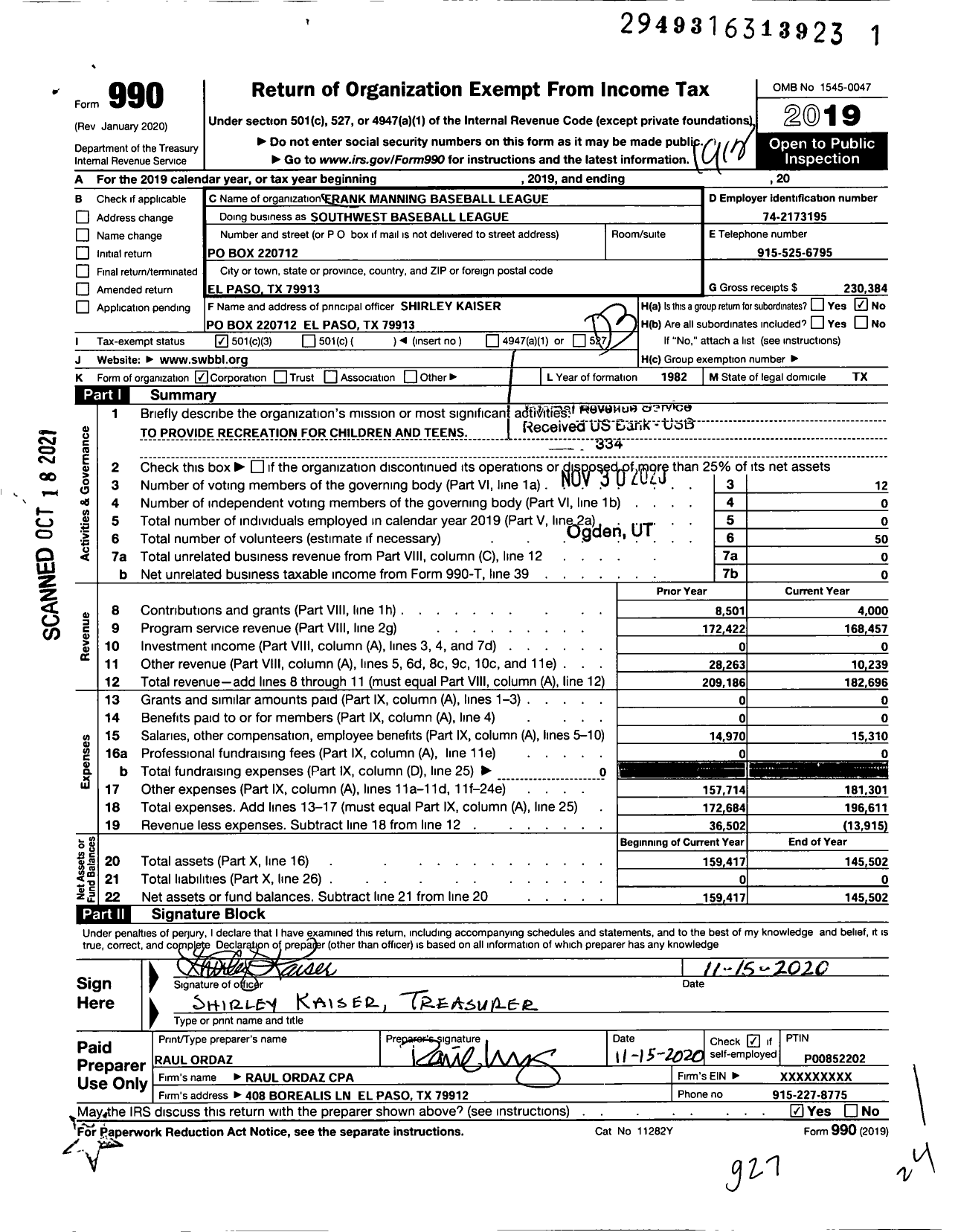 Image of first page of 2019 Form 990 for Southwest Baseball League