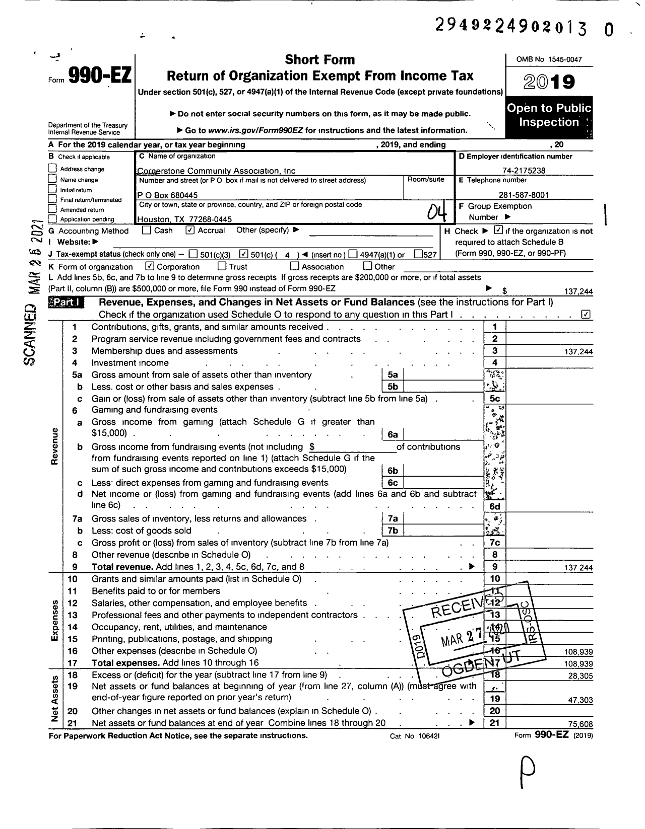 Image of first page of 2019 Form 990EO for Cornerstone Community Association