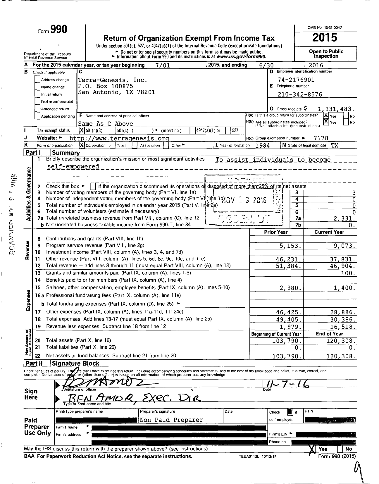 Image of first page of 2015 Form 990 for Terra-Genesis