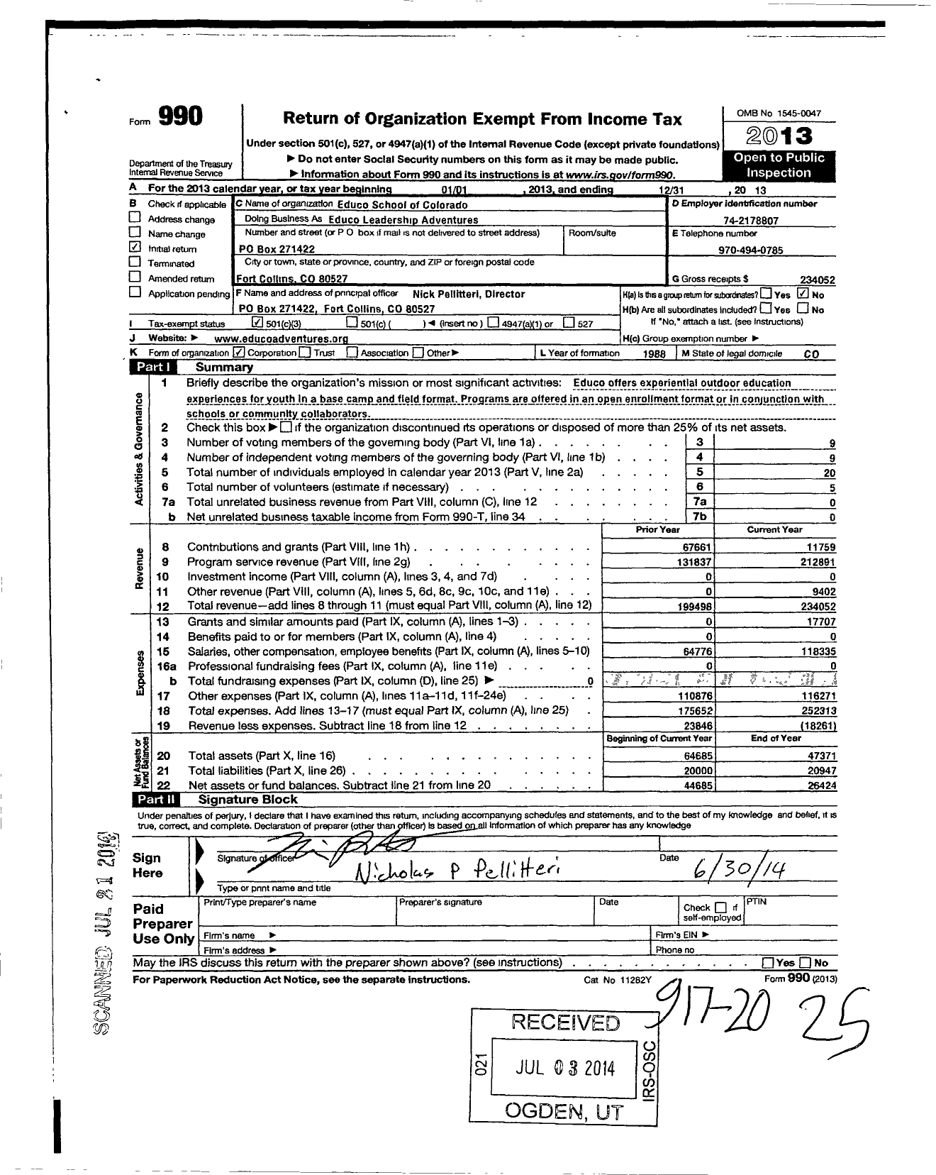 Image of first page of 2013 Form 990 for Educo Leadership Adventures