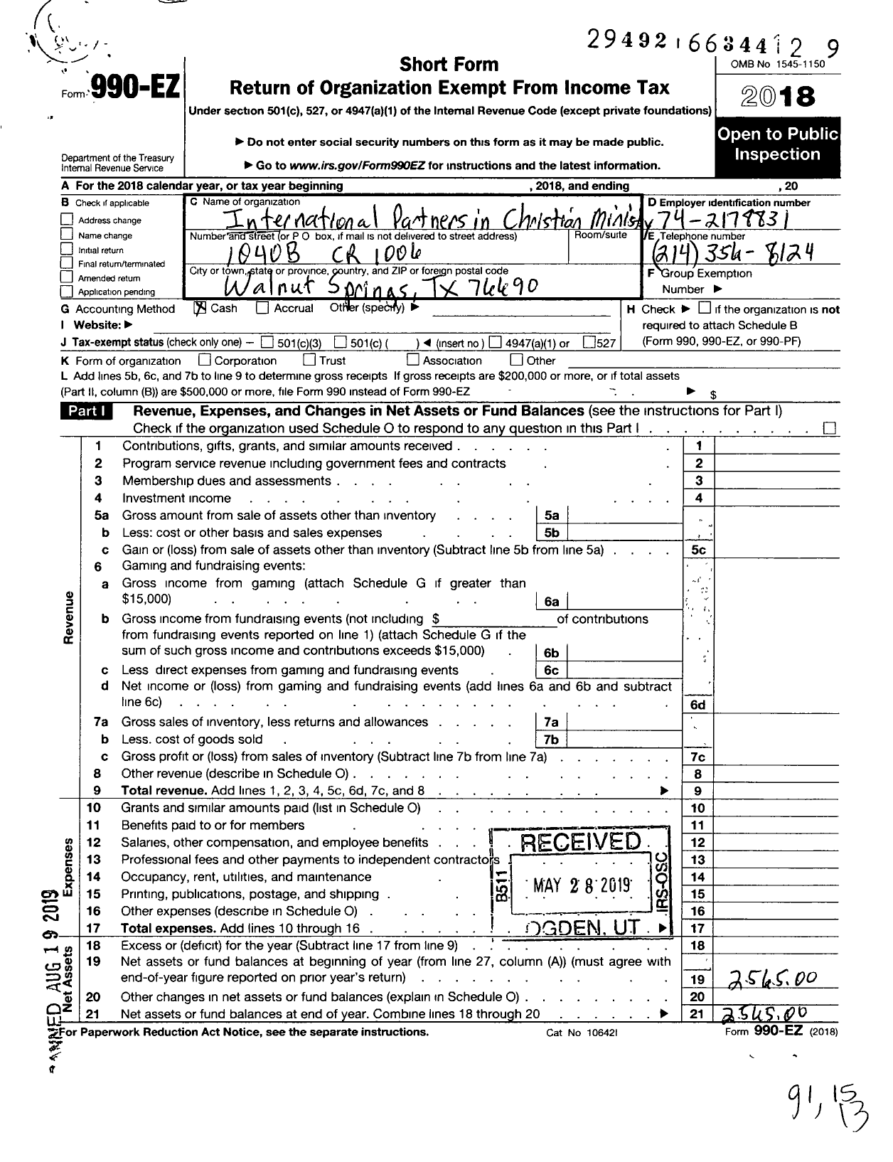 Image of first page of 2018 Form 990EO for International Partners in Christian Ministry