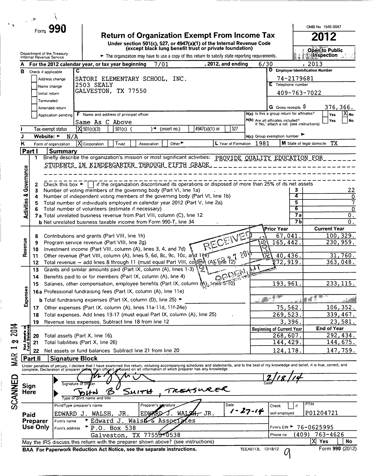 Image of first page of 2012 Form 990 for Satori Elementary School