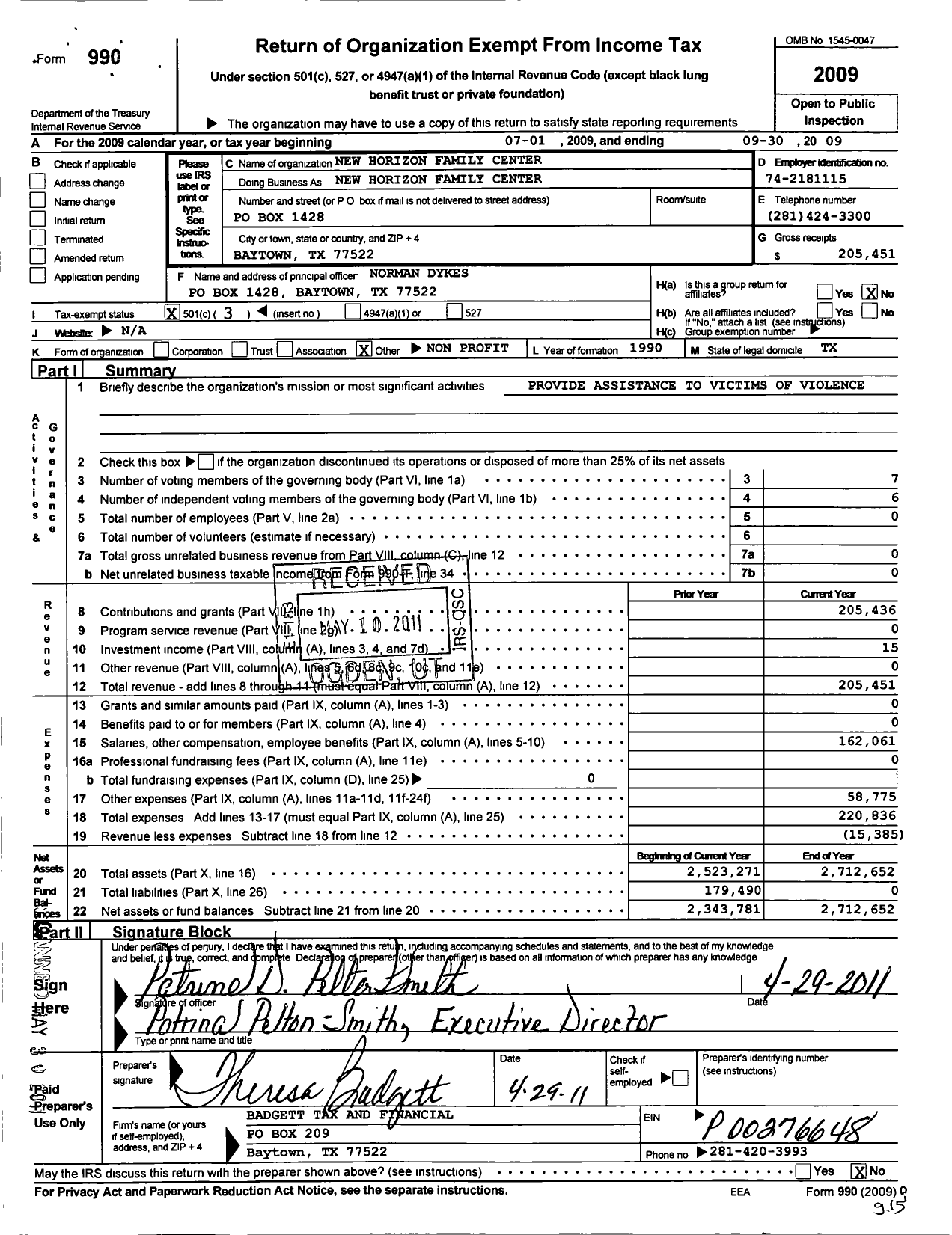 Image of first page of 2008 Form 990 for New Horizon Family Center