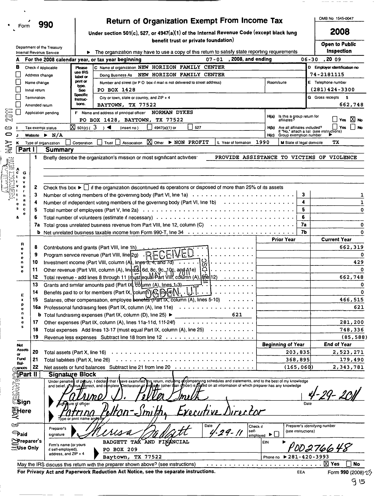 Image of first page of 2008 Form 990 for New Horizon Family Center