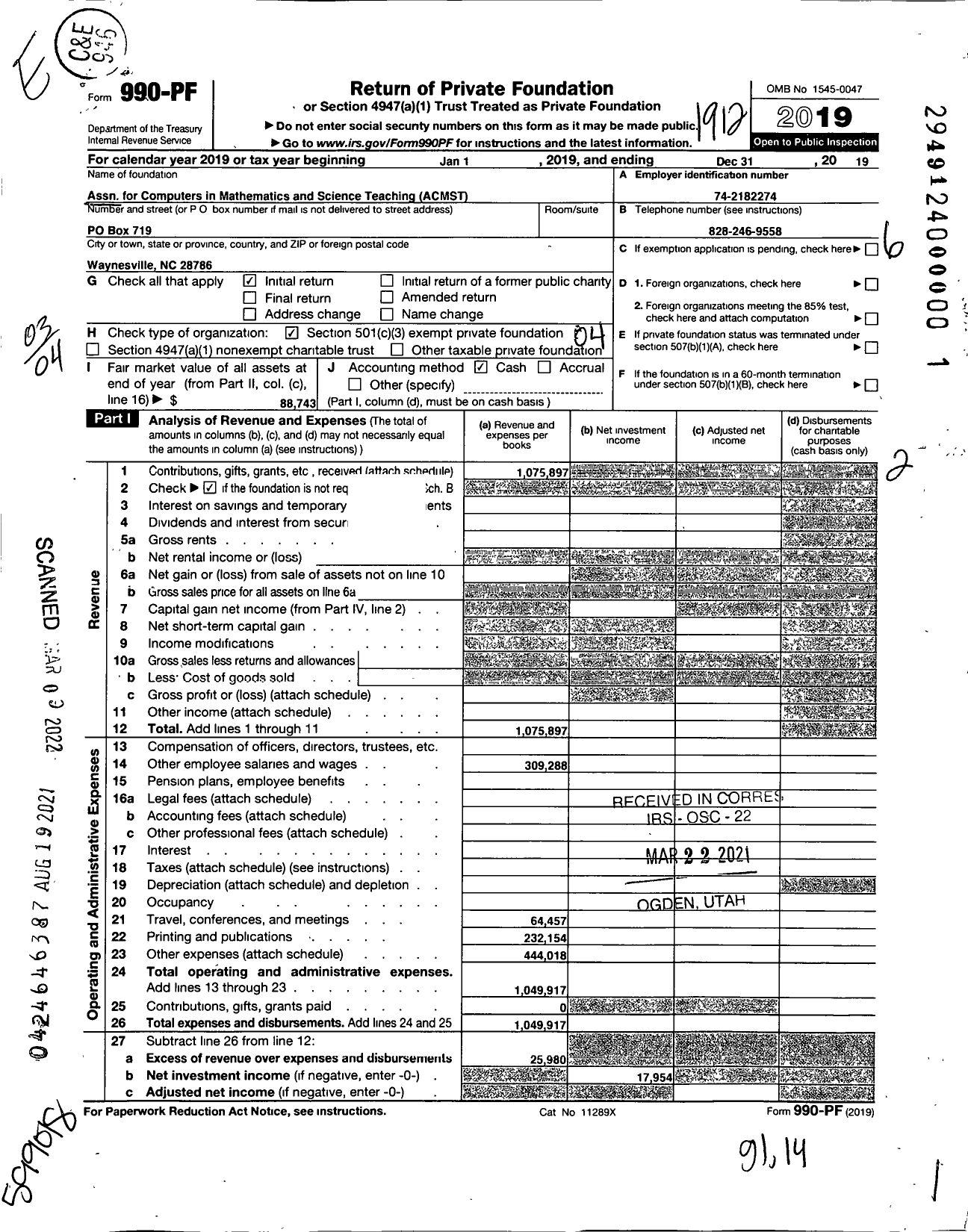 Image of first page of 2019 Form 990PF for Association for Computers in Mathematics and Science Teaching